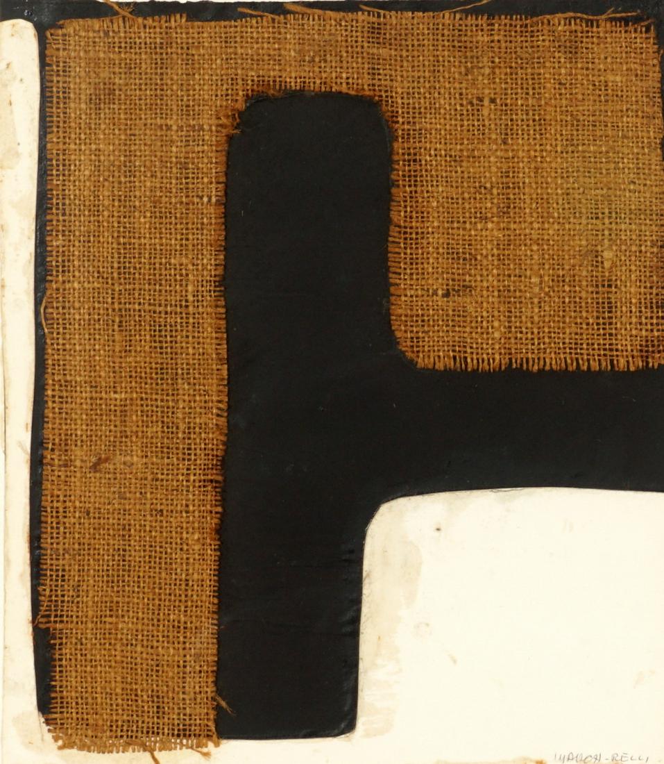 Conrad Marca-Relli Mixed Media Collage Composition: MARCA-RELLI, Conrad, (American, 1913-2000): Untitled mixed media composition, Paper/Burlap/Glue, pencil signed lower right, sight size 13.5" x 11.5", framed 22" x 19.75". Condition: Not examined out o