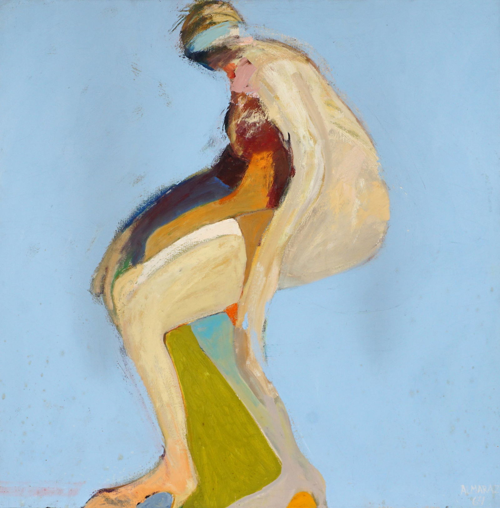 1964 Carlos Almaraz Seated Figure Painting: ALMARAZ, Carlos, (Mexican / American, 1941-1989): Untitled seated figure, Oil/Canvas, signed and dated '64 lower right, 42" x 42", thin edge framed 43" x 43". Condition: Craquelure throughout, there i