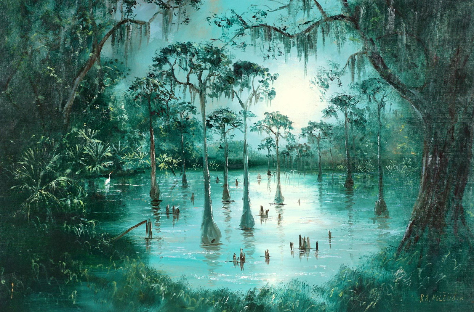 Roy McLendon Florida Highwaymen Swamp Painting: MCLENDON, Roy A., (American, 1932-): Early Florida Highwaymen nocturnal backwater cypress tree swamp scene, Oil/Upson, signed lower right, 24" x 36", framed 27" x 39.5".