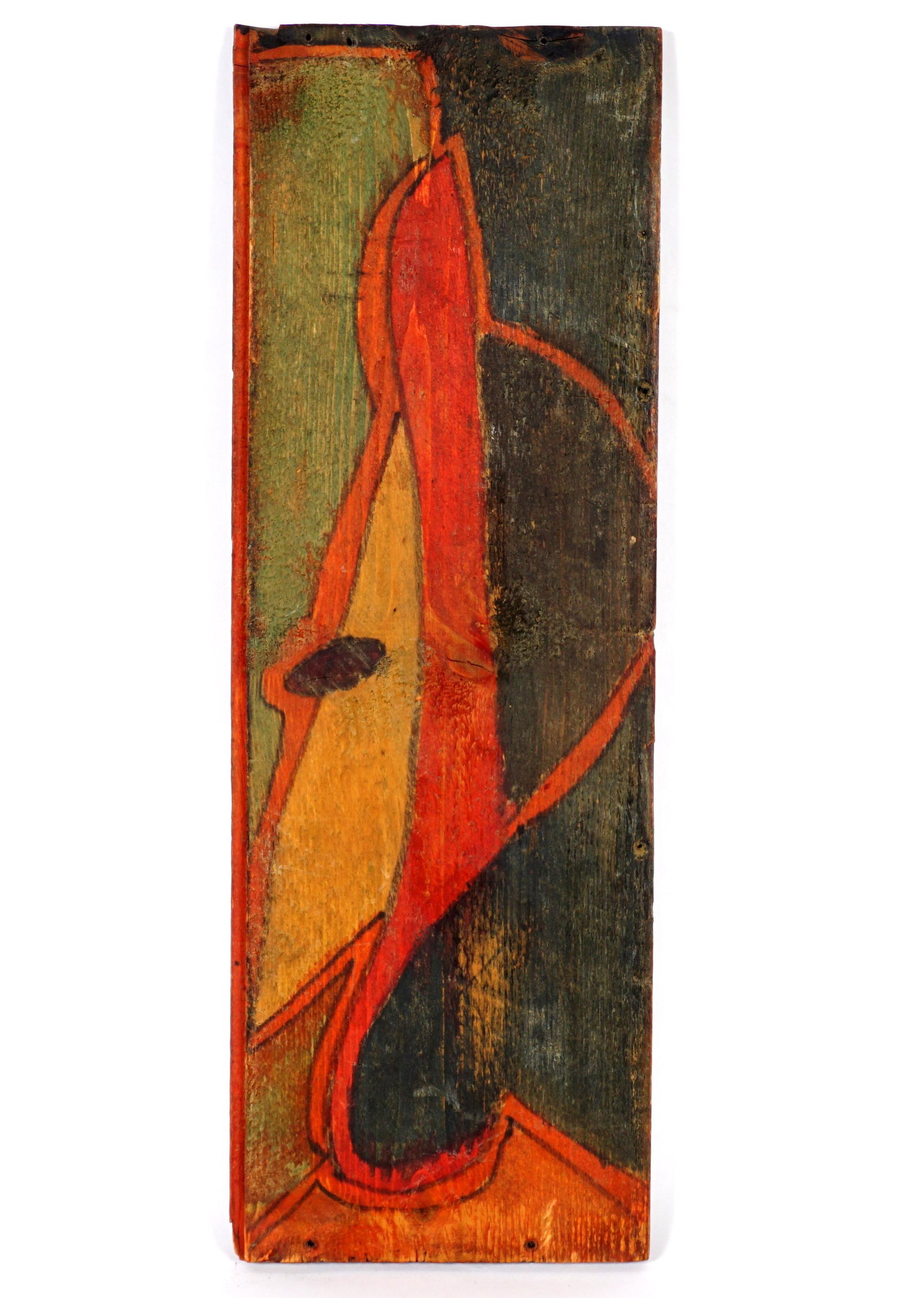 Manner of Paul Klee Double Sided Mixed Media: Manner of KLEE, Paul, (Swiss/German, 1879-1940): Double sided Mixed Media Oil/Marker/Watercolor/Wood Panel, one side depicting woman and child with balloon, abstract face verso, unsigned, 17" x 6". Co