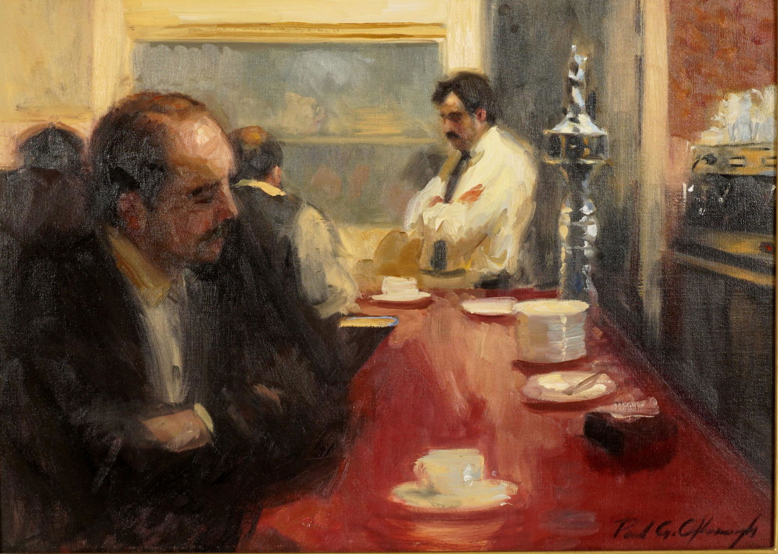 Paul Oxborough Spanish Cafe Painting: OXBOROUGH, Paul, (American, 1965-): "Spanish Cafe", interior genre scene, Oil/Canvas, signed lower right, titled on Eleanor Ettinger gallery label verso, 18" x 25", framed 24" x 31".