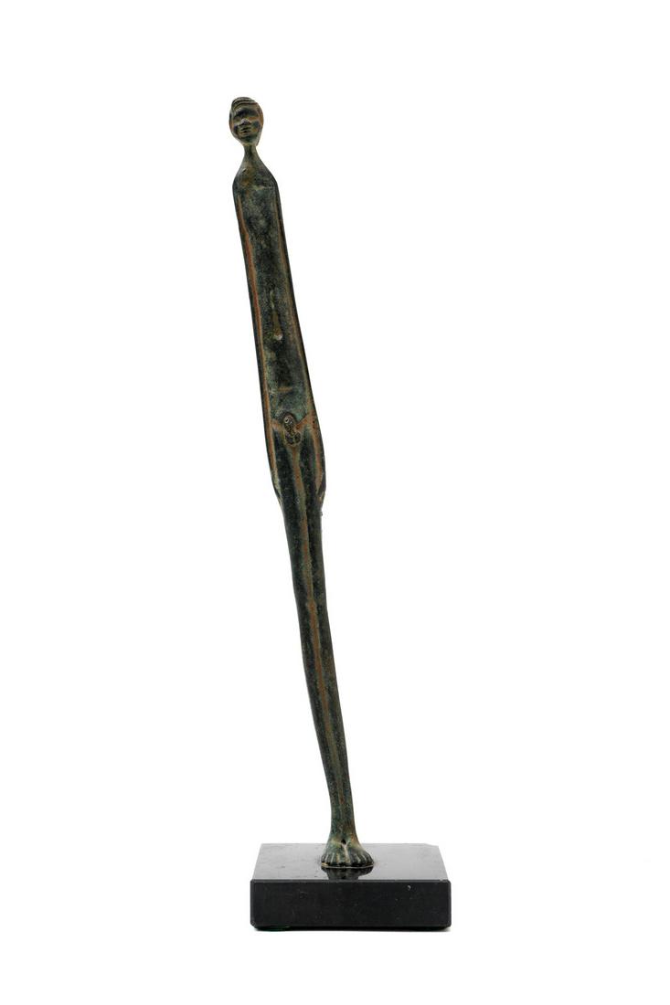 Ombre de la Serra Shadow of the Evening Bronze: Museum bronze reproduction of the Etruscan statue "Ombre de la Serra / Shadow of the Evening", 13.25" h. , affixed to black marble plinth, overall 14" h. x 3.25" x 3.25". Condition: Leaning, chips to