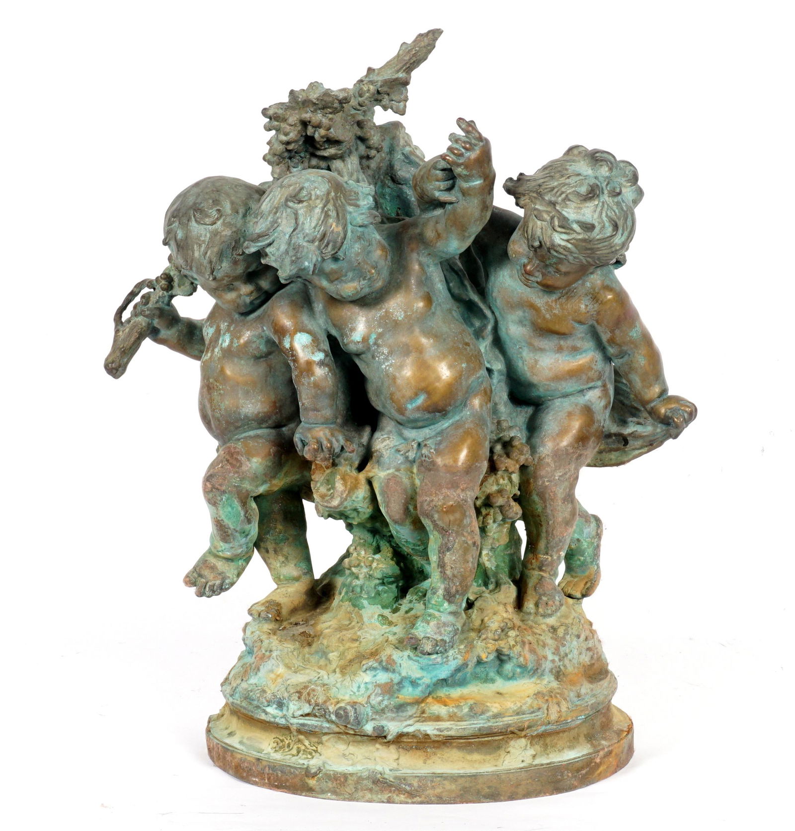after Hippolyte Moreau Bronze Putti Figural Group: after MOREAU, Hippolyte Francois, (French, 1832-1927): Figural group of putti or children holding a garland of flowers, signed on base, overall 21.5" h. x 19" x 11.5". Condition: Verdigris and weather
