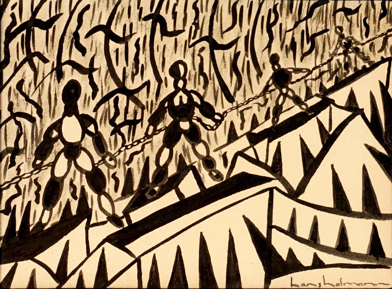 Hans Hoffmann Shackled Men Pen and Ink Drawing: HOFFMANN, Hans, (German/American, 1880-1966): Abstract depiction of a shackled line of men, Pen and Ink on Paper, signed lower right, sight size 8.25" x 11.25", framed 12.5" x 15.5". Condition: Toning