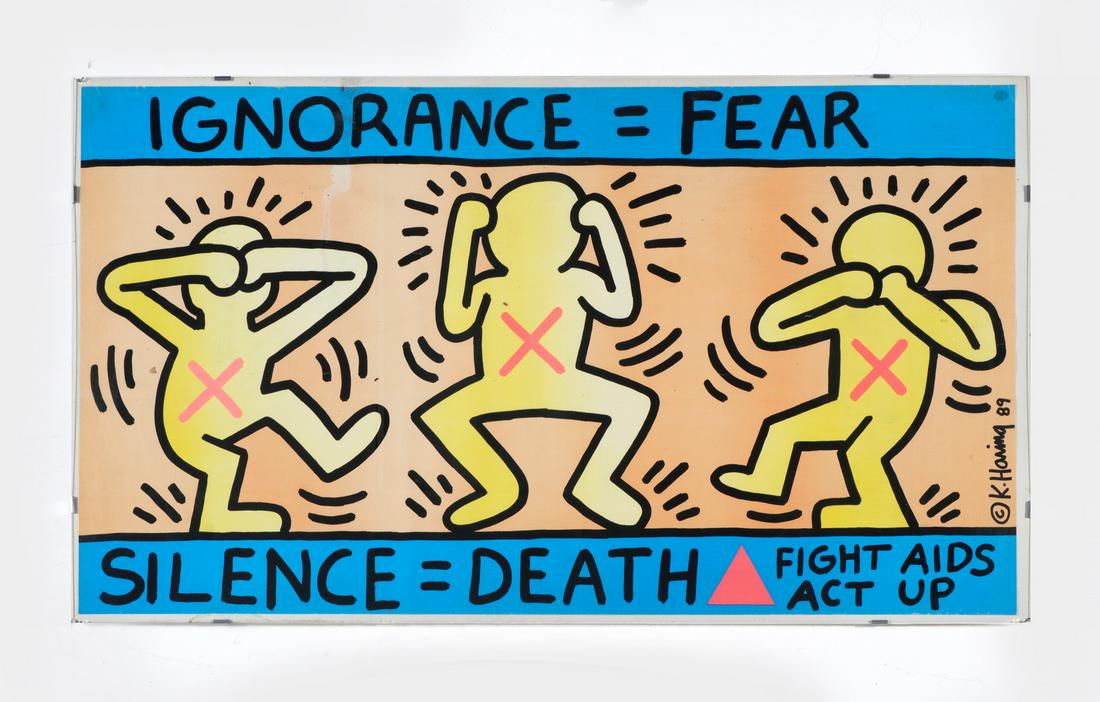1989 Keith Haring Fight Aids Act Up Poster: after HARING, Keith, (American, 1958-1990): Poster for the Ignorance=Fear, Silence=Death Fight Aids campaign, 24" x 43", framed under glass 25" x 44". Condition: Fading, edge chips, discoloration, sol