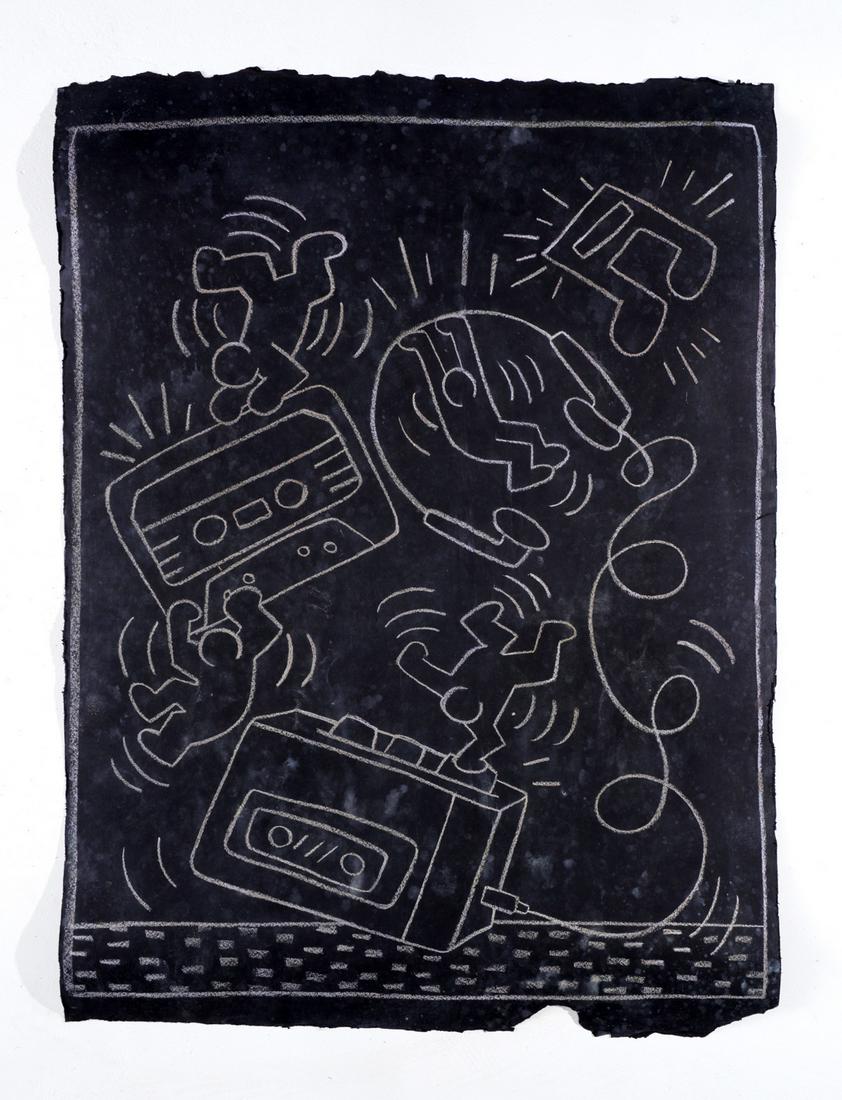 Attrib. Keith Haring Subway Series Chalk Drawing: attributed HARING, Keith, (American, 1958-1990): Subway series with figures, cassette tapes, headphones, and musical note, Chalk/Black Paper, unsigned, overall 37" x 27.5". Condition: Smudging, sold w