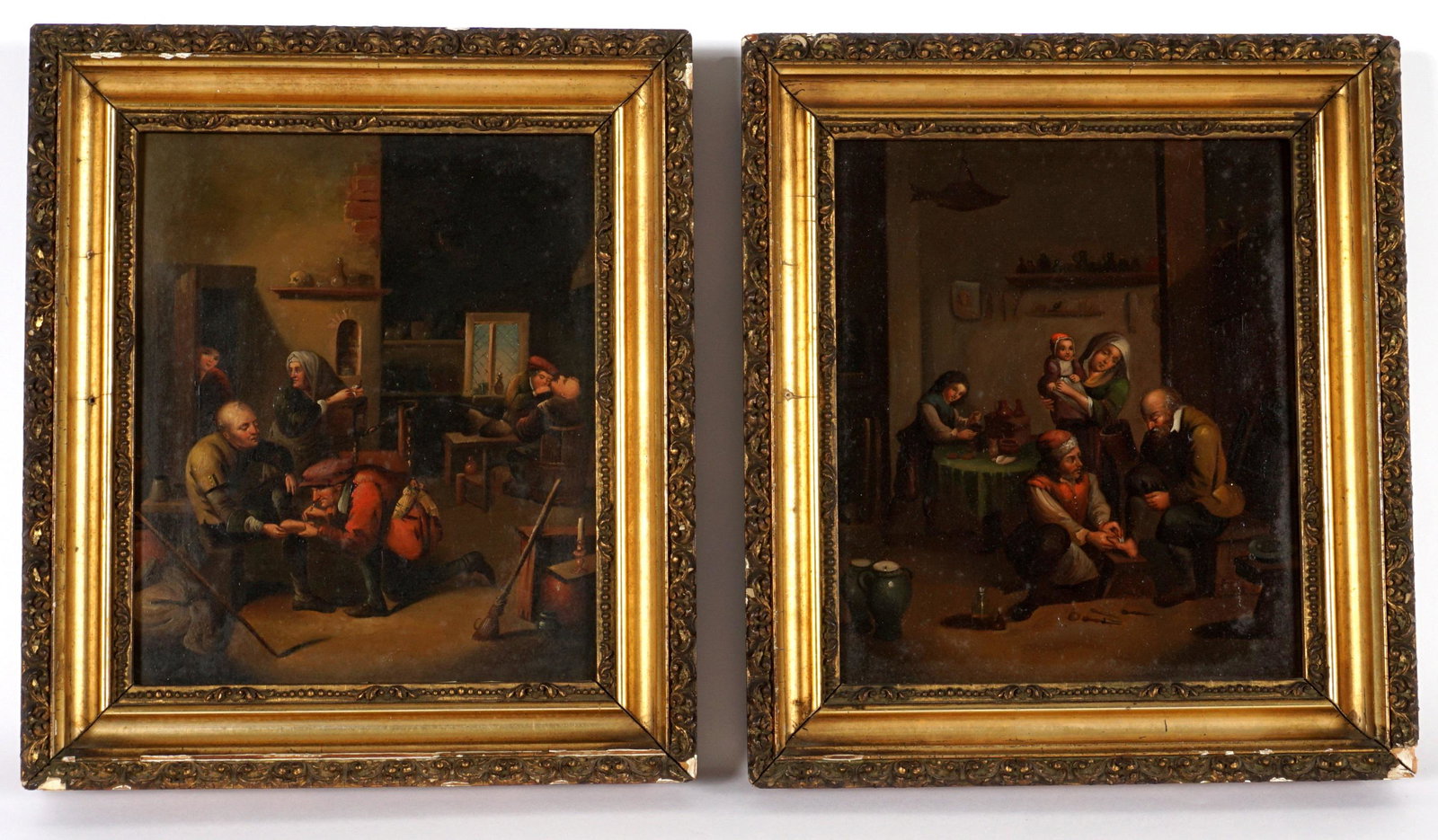 Pair 19th Century European Genre Scenes: Each unsigned, Oil/Tin, one depicting a doctor working on a patients foot, the other also with a doctor working on a patients foot with a barber in the background, each 9.75" x 8.5", framed 12.5" x 11