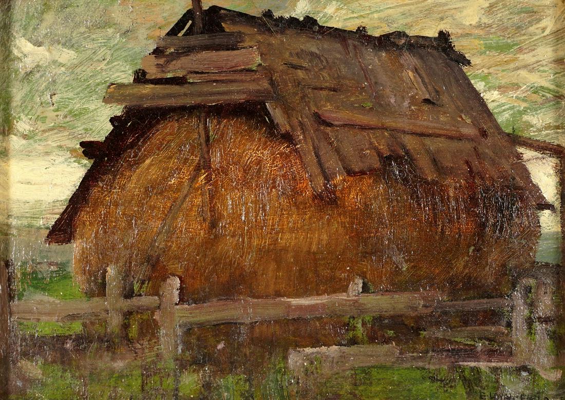 Edward Loyal Field Tonalist Barn Painting: FIELD, Edward Loyal, (American, 1856-1914): Tonalist barn in landscape, Oil/Board, signed lower right, Tovar Collection stamp verso, 6.5" x 8.5", framed 14.5" x 16.75".