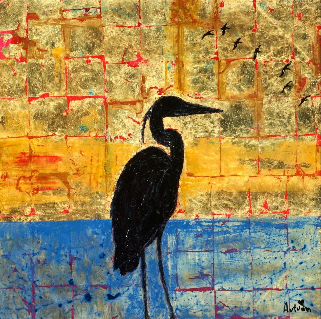 Autumn De Forest Gold Heron Embellished Giclee: De FOREST, Autumn, (American, 2001-): "Gold Heron", hand embellished Giclee on Canvas, signed lower right, 24" x 24", framed 32.5" x 32.5". Sold with Certificate and Appraisal for $975.