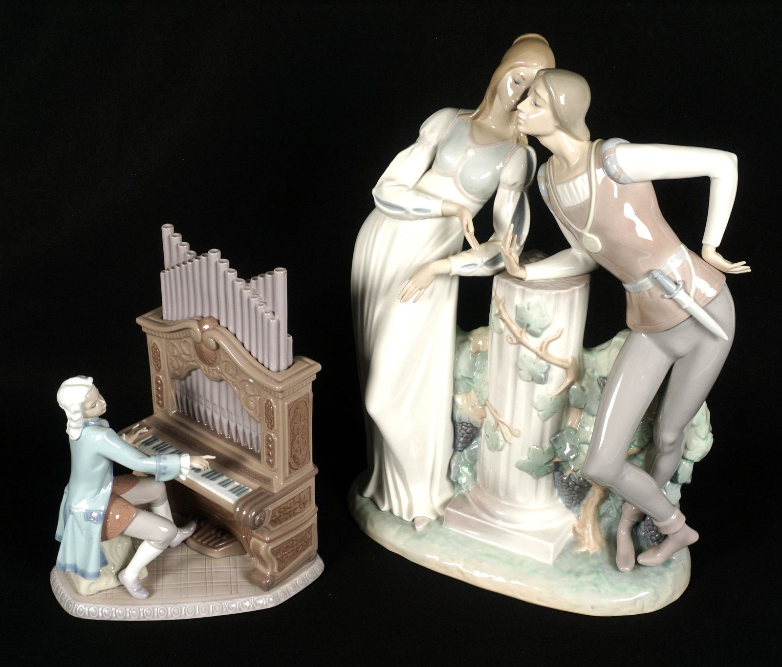 Two Lladro Figurines Romeo & Juliet, Young Bach: Two pieces total to include 1) "Romeo & Juliet", #4750, well marked, 17.25" x 13" x 5.5". flower has detached but is included. 2) "Young Back, #1801, well marked and signed on base, 11.25" h. x 7.25"