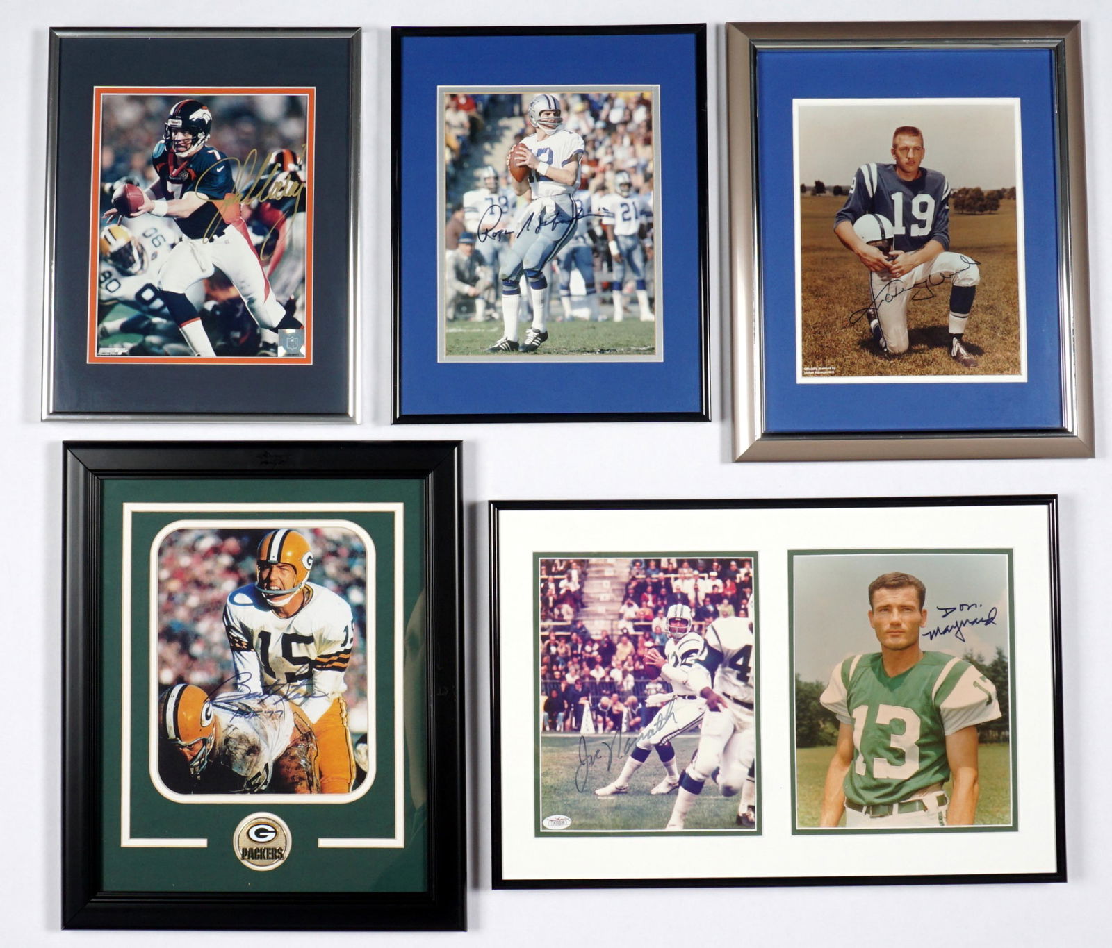 Five Framed Autographed Football Pictures: Five pieces total to include 1) Brett Starr, 9.25" 7.25", framed 17.5" x 14.5", PPC COA verso. 2) Joe Namath 9.75" x 7.5" and Don Maynard 9.75" x 7.5", framed 13.75" x 20.25", Grey Flannel Gallery COA