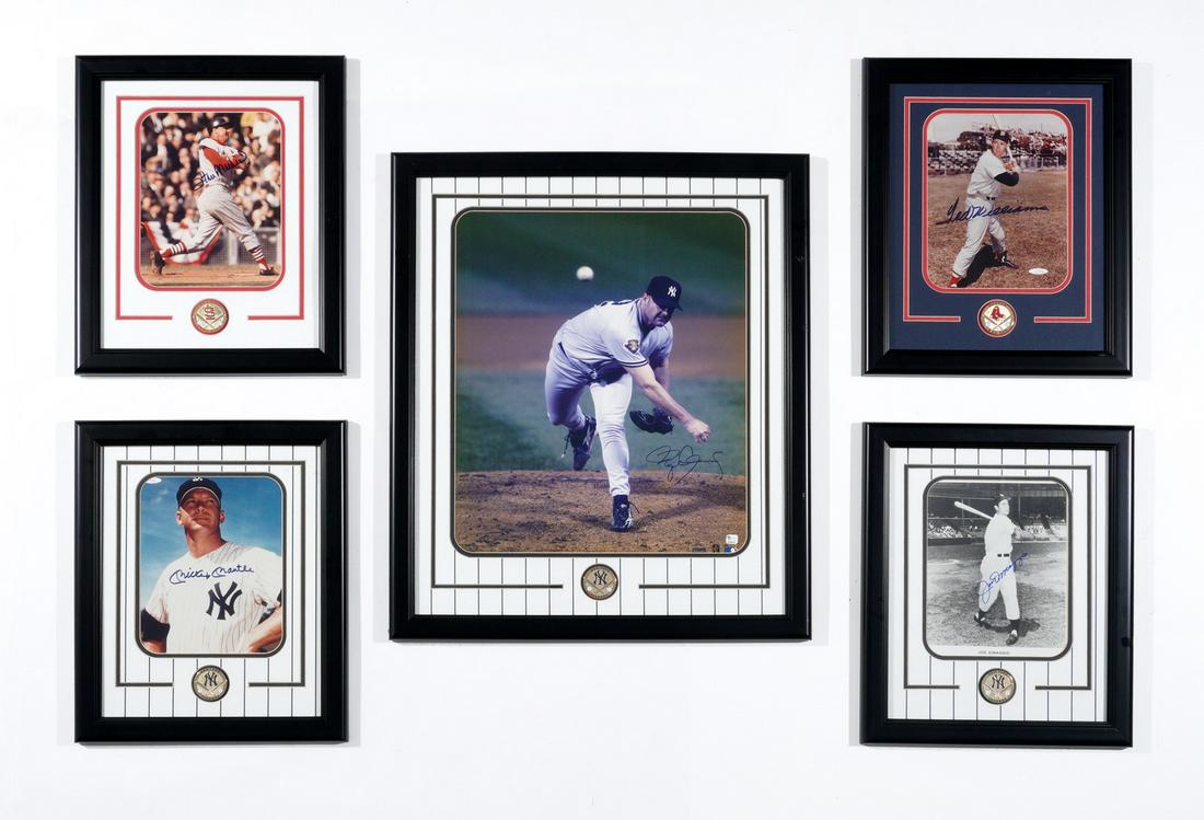 Five Baseball Autographed Pictures: Five pieces total to include 1) Roger Clemens, 18.5" x 15.25", framed 26.25" x 22.25", Global Authentication COA verso. 2) Mickey Mantle, 9.25" x 7.25", framed 17.25" x 14.25", AAU COA verso. 3) Ted W