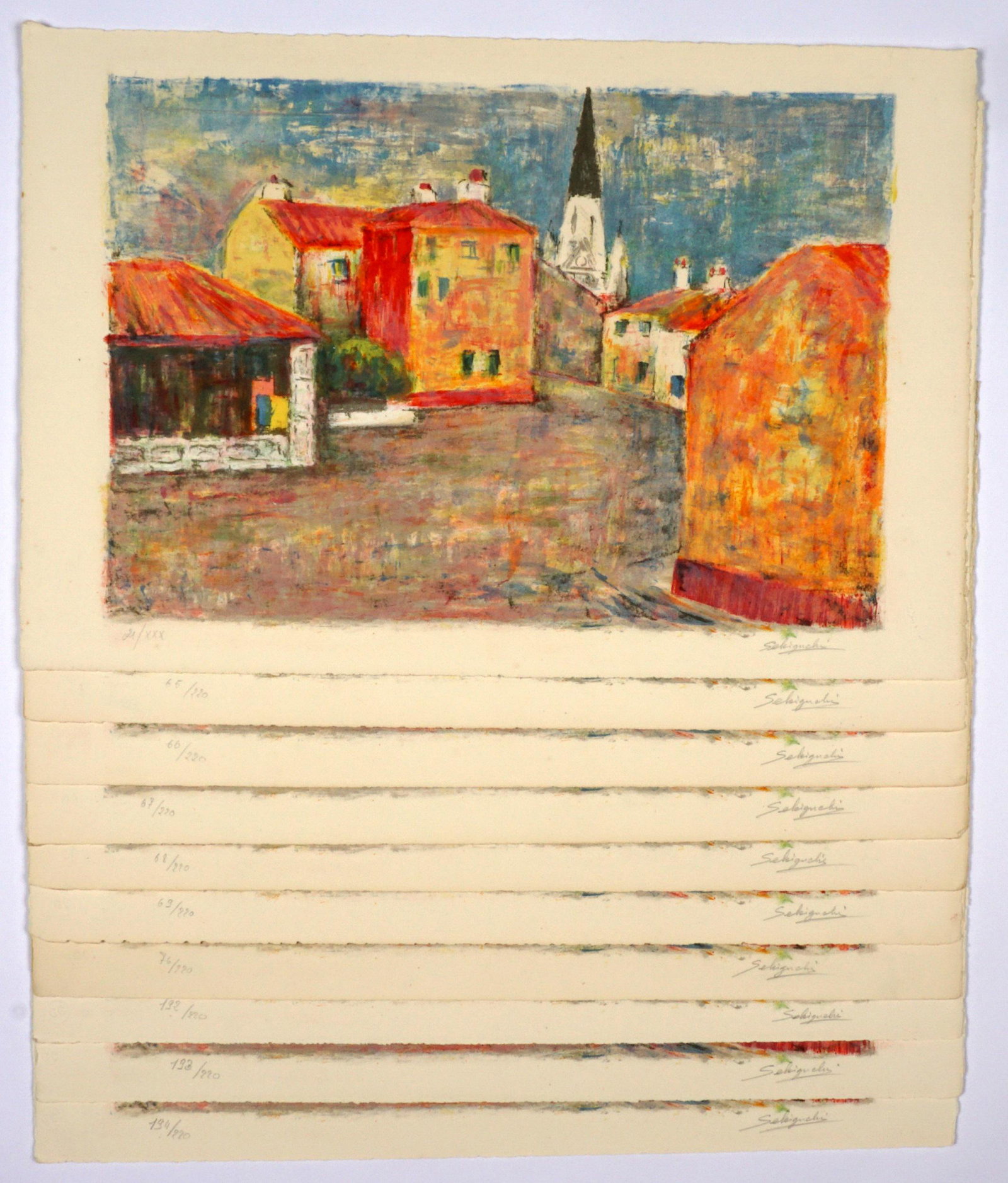 Ten Shungo Sekiguchi Le Village Lithographs: SEKIGUCHI, Shungo, (Japanese, 1911-2002): "Le Village", Lithograph in color on Rives paper, pencil signed lower right, GG blind stamp, on numbered 21/XXX, the other nine from an edition 220, comprisin
