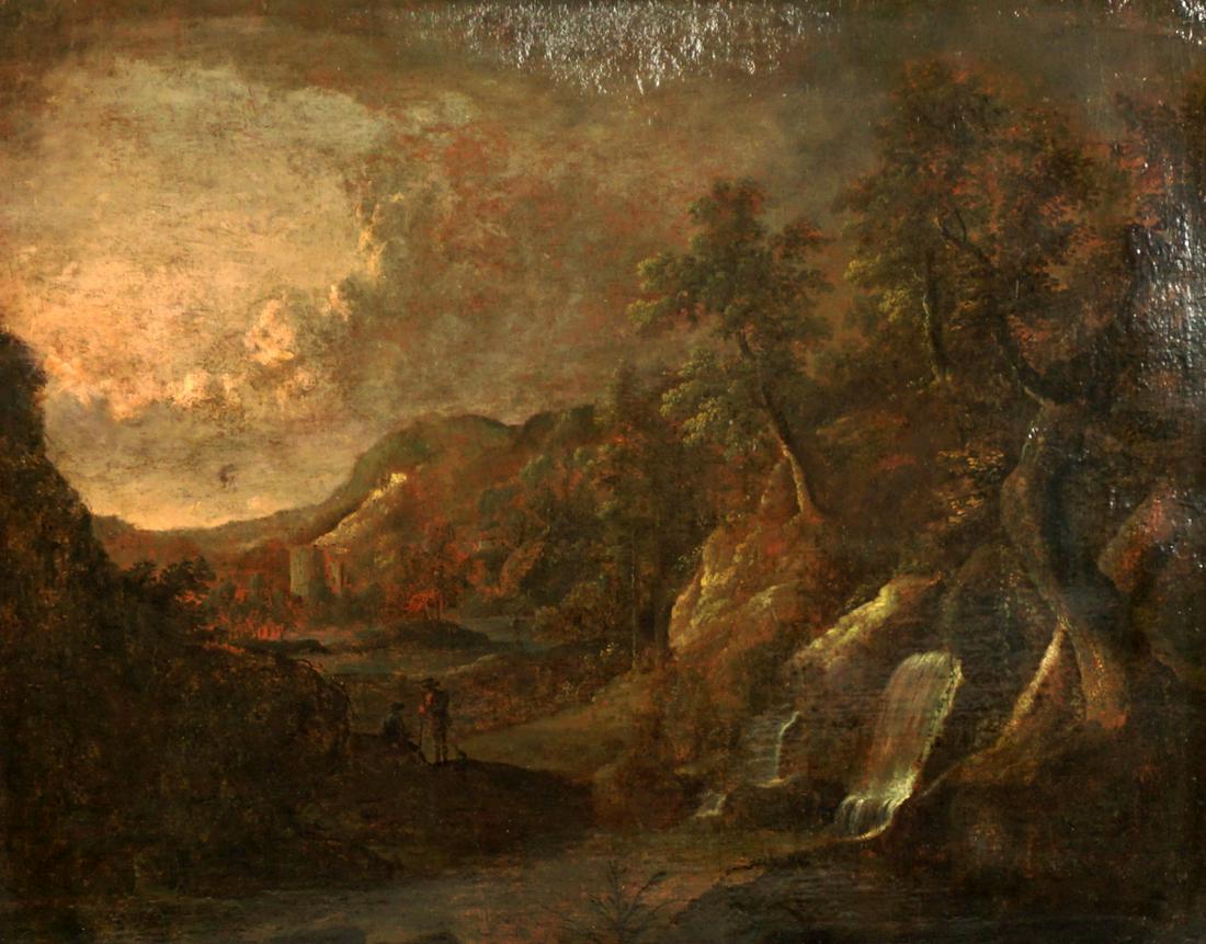 Attrib. Alessandro Magnasco Italian Landscape: attributed MAGNASCO, Alessandro, (Italian, 1667-1749): Italian school landscape with hinter figures and dog in center, Oil/Canvas, no visible signature, incised identification on stretcher, 25.75" x 3