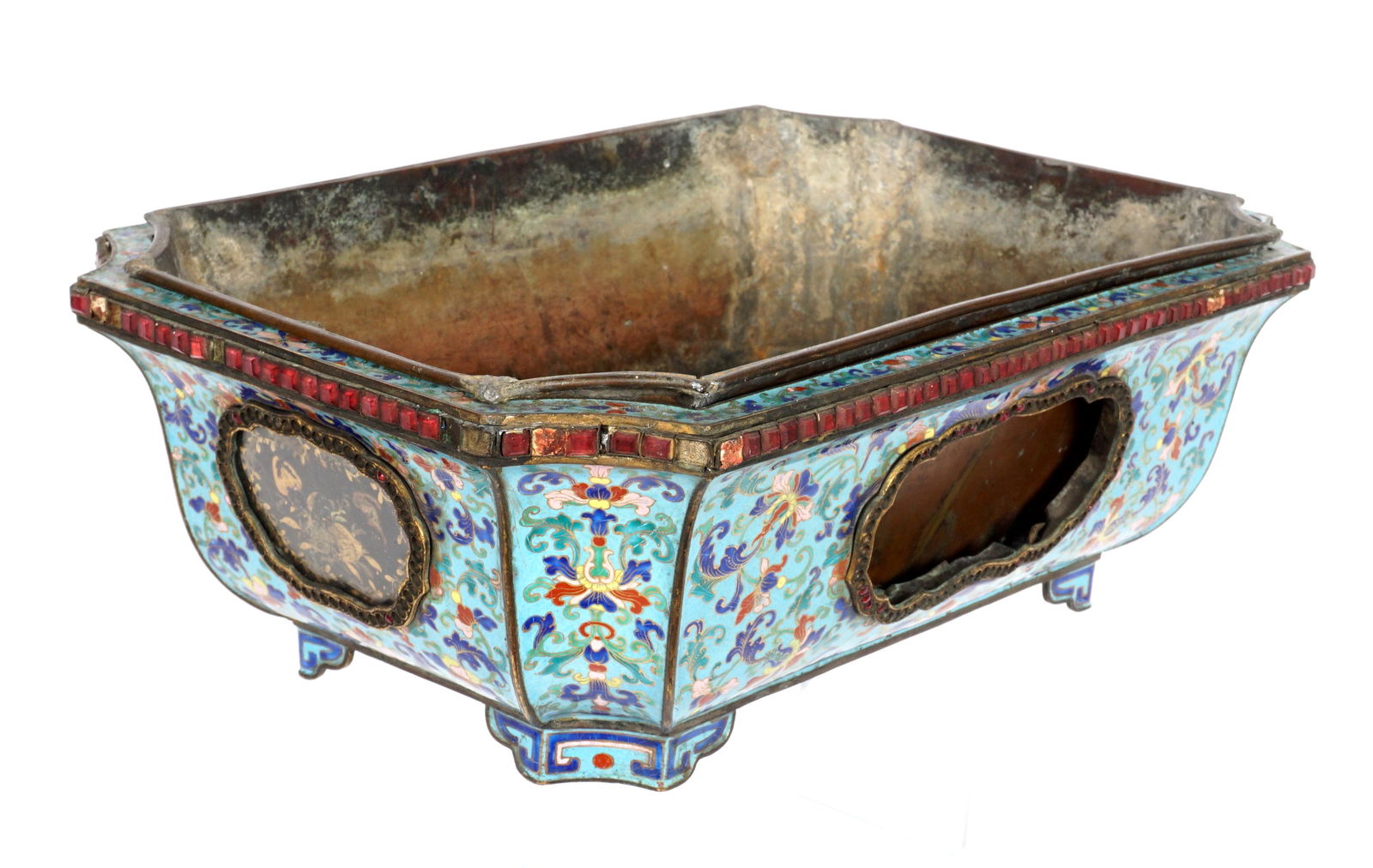 Antique Chinese Peking Enamel and Garnet Bonsai Basin: Circa 19th Century cloisonne enamel floral decorated bonsai or penjing planter with applied garnets or similar stone accents, two sides with reverse painted glass panels, copper liner. Overall 4.75" h