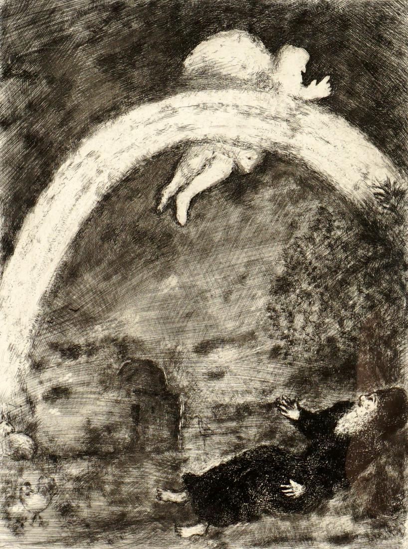 Marc Chagall L'Arc en Ciel Etching: CHAGALL, Marc, (Russian-French, "L'arc en Ciel, (The Rainbow)", etching/paper, signed in the plate, plate size 12" x 9, framed 33" x 30". Sold with COA and appraisal for $6,250.00