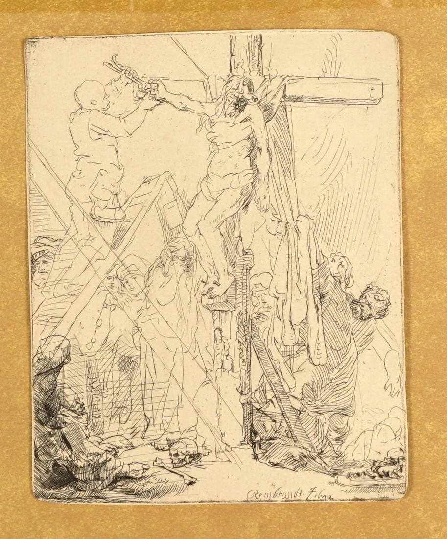 Rembrandt Etching The Descent From Cross A Sketch: VAN RIJN, Rembrandt, (Dutch, 1606-1669): "The Descent from the Cross, A Sketch", Etching/Laid Paper, signed in the plate and dated 1642, 5 3/4" x 4 5/8", framed 16" x 16".