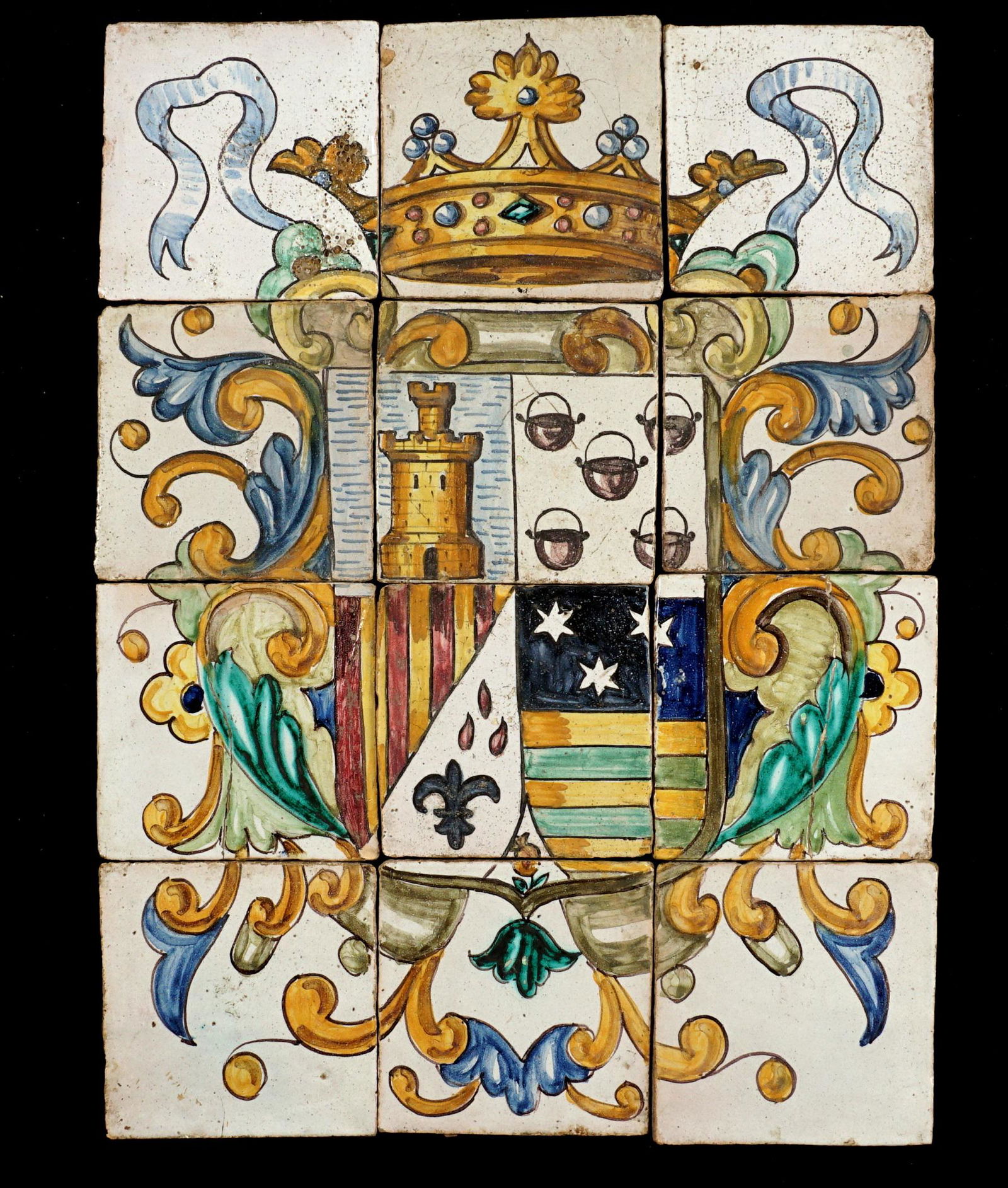 Early Antique Coat of Arms Tile Plaque: Consists of twelve 4.75" x 4.75" tiles, hand paint with heraldic coat of arms motif. Condition: Chips, minor loss of decoration.