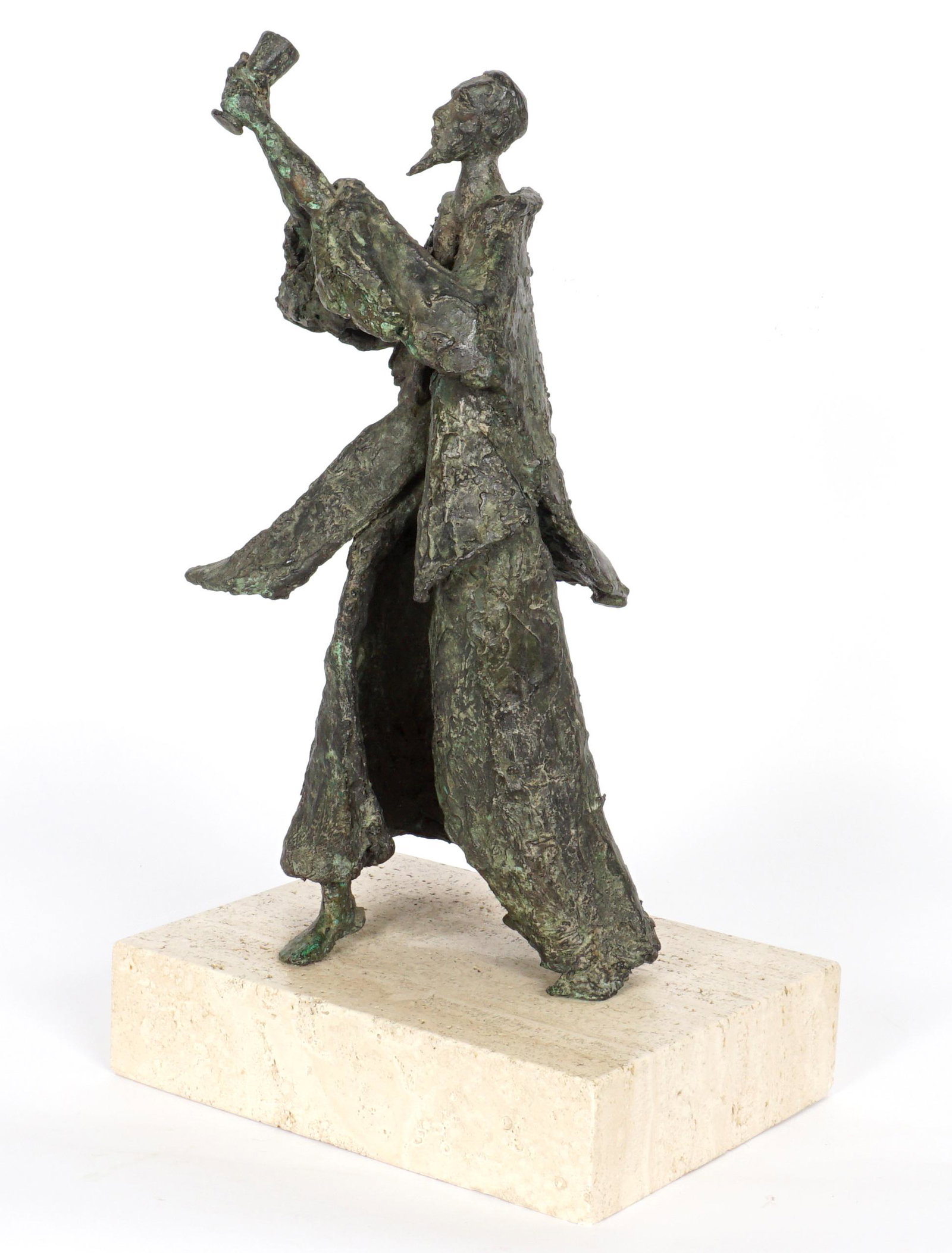 Barbara Bisgyer Priest with Chalice Bronze: BISGYER, Barbara, (American, 20th Century): Patinated bronze figure of a priest holding a chalice, singned near base on back, 14.25" h. x 6". Affixed to stone plinth, 2.5" h. x 9" x 7".