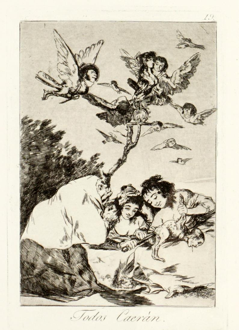 Francisco Goya Todos Caeran Etching: GOYA, Francisco, (Spanish, 1746-1828): "Todos Caeran (All will fall)", Etching/Aquatint/Paper, plate size 8.5" x 5.5", framed 28" x 25.5". Scratch to glass.