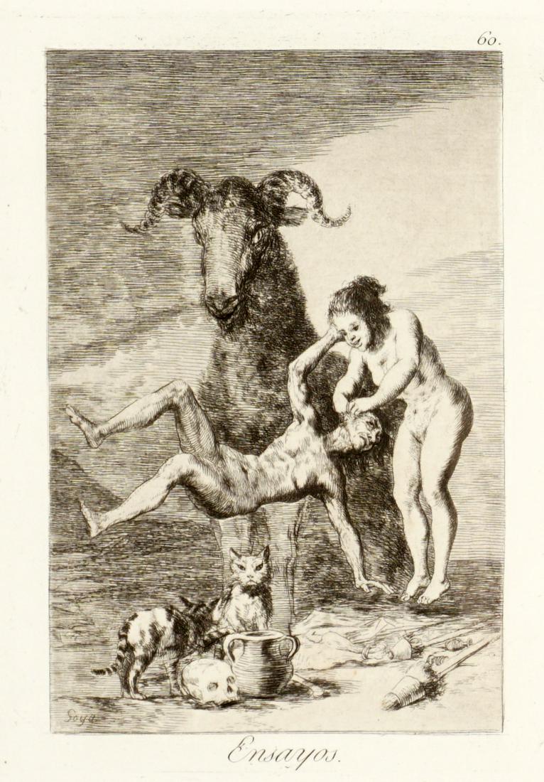 Francisco Goya Ensayos Etching: GOYA, Francisco, (Spanish, 1746-1828): "Ensayos", Etching/Aquatint/Paper, signed in the plate, 8" x 6.25", framed 28" x 25.5".