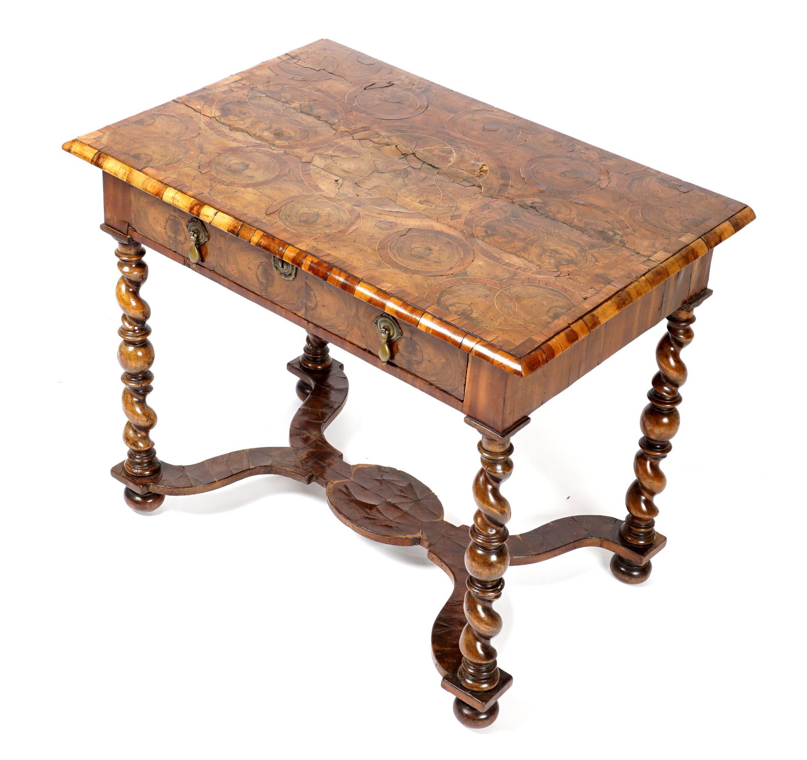 William and Mary Oyster Veneer Low Boy: Oyster veneer all over, rectangular top, single drawer with brass pulls, barley twist legs, shaped lower stretcher, bun feet. Overall 27.25" h .x 33.5" x 22.5". Condition: Veneer bubble and chips, evi