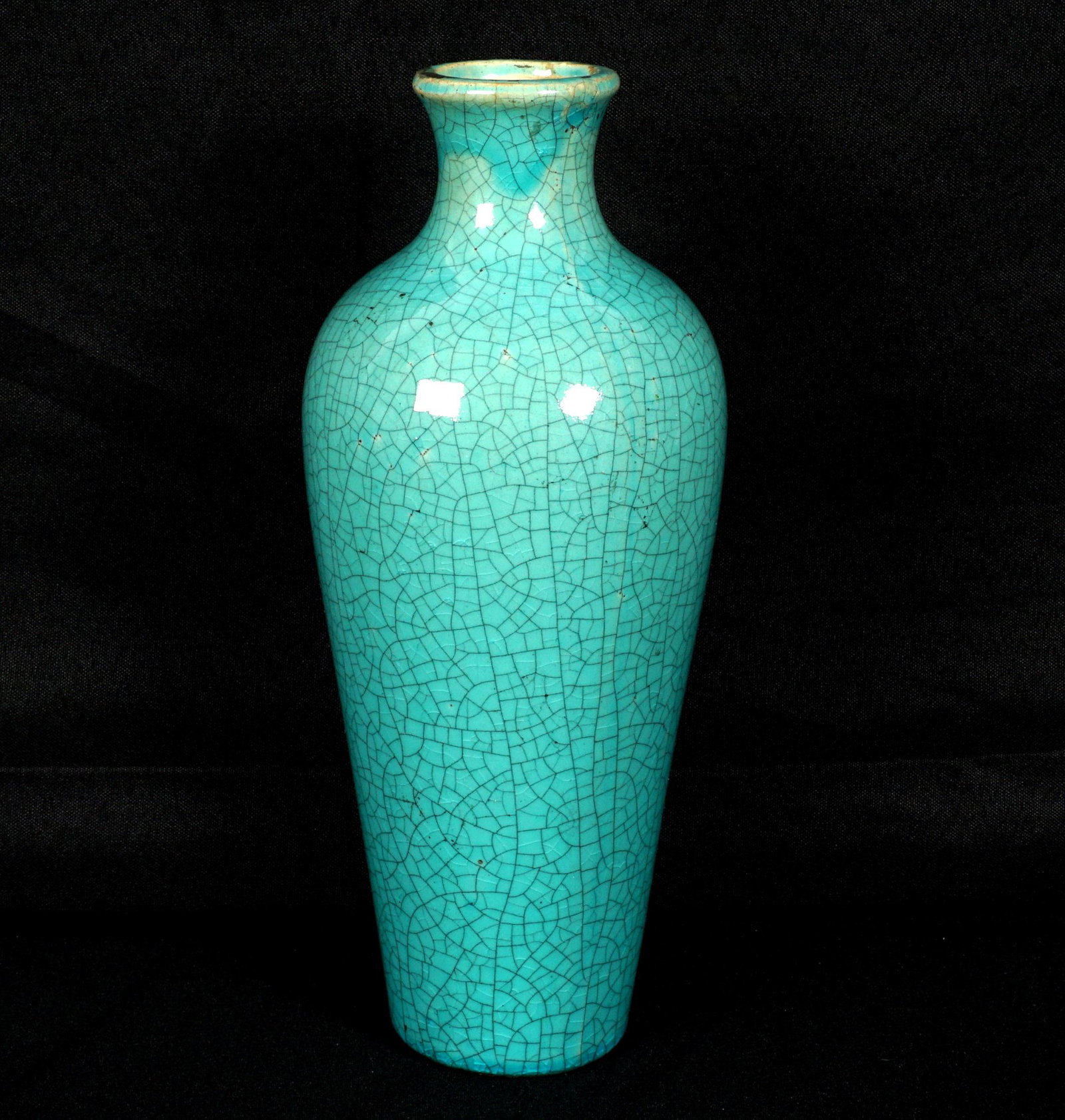 Antique Chinese Crackle Glaze Liuyeping Vase: Liuyeping "Willow Leaf" form vase, green/turquoise crackle glaze, unmarked, overall 11.5" h. x 4.75" dia.