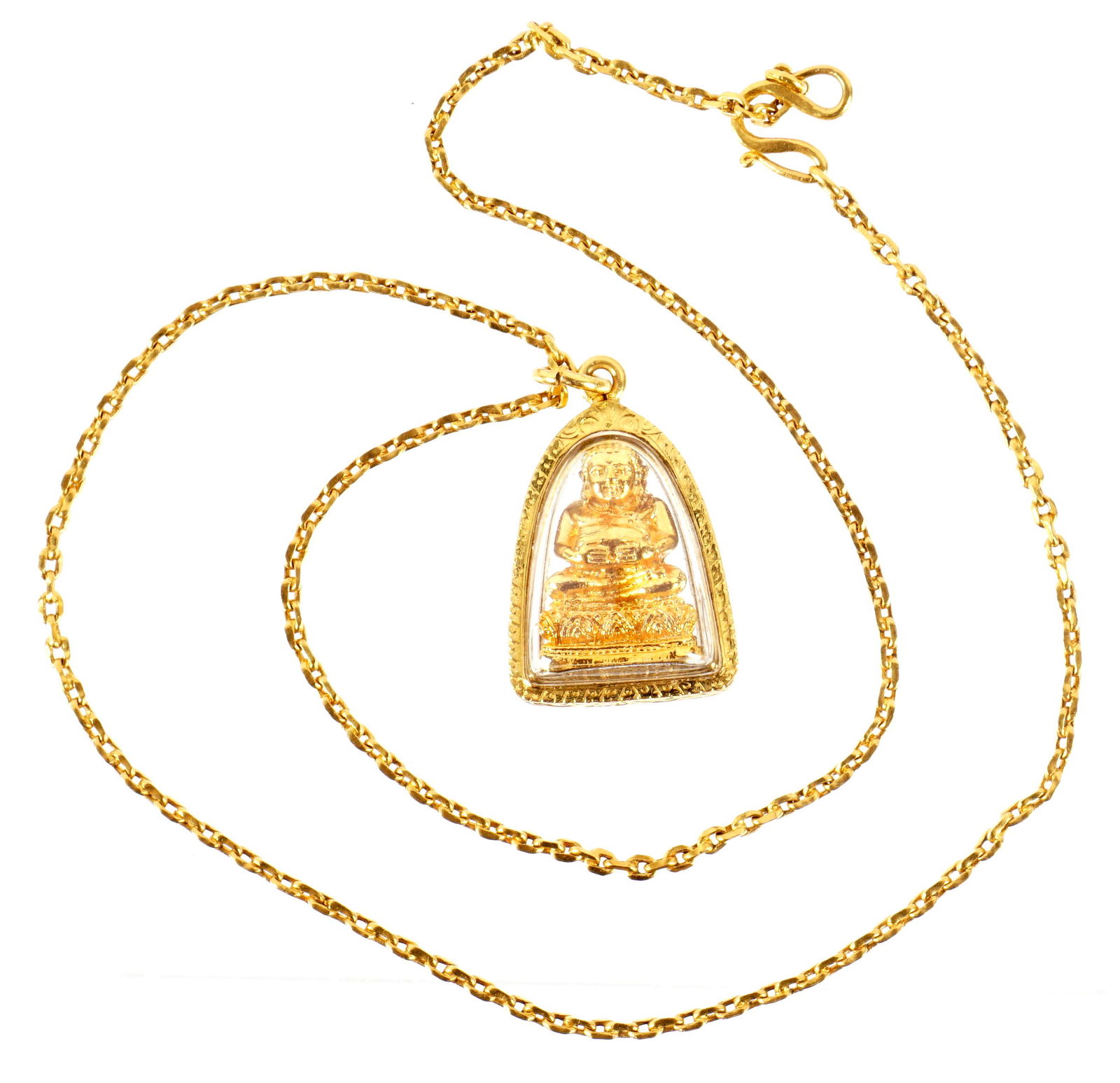 22/24k Gold Encased Buddha Pendant and Chain: Encased seated Buddha pendant on 22/24k gold link chain, snake form clasp, chain measures 19", pendant 1" x .75". Approx. 28.2 grams inclusive.