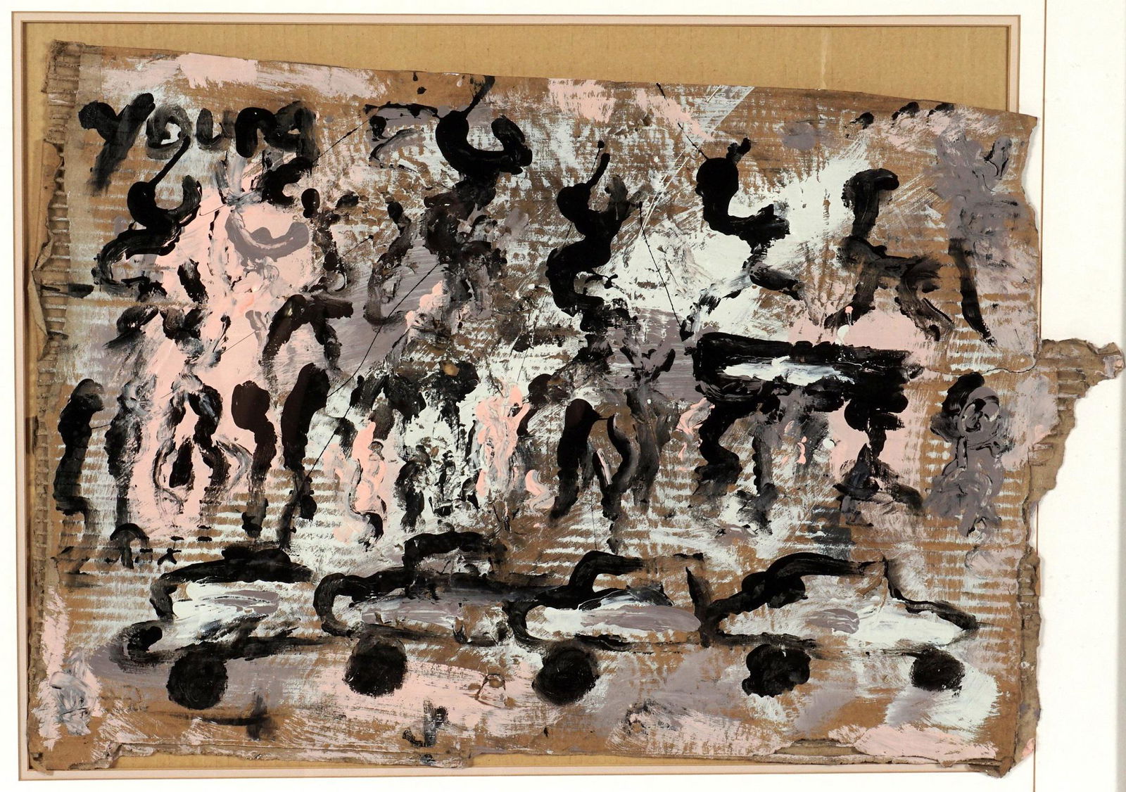Outsider Art Purvis Young Painting on Cardboard: YOUNG, Purvis, (American, 1943-2010): Stylized figures and cars, Mixed Media on Cardboard, signed upper right, sight size at widest points 17.25" x 27.75", framed 28.5" x 34.75"