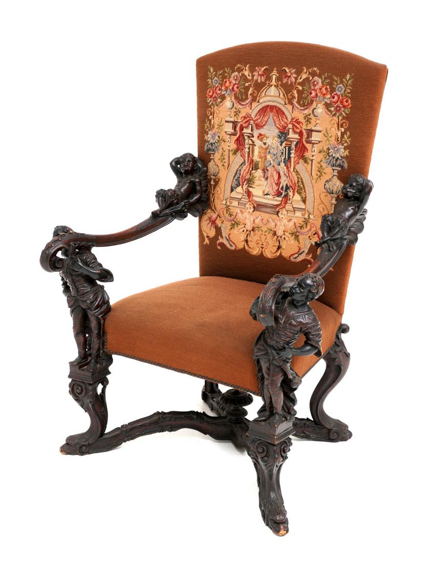 Antique Italian/Venetian Carved Figural Arm Chair: Manner of Andrea Brustalon, carved and shaped walnut arms, reclining fawns at top of arms, standing figural blackamoor arm supports, carved X stretcher ending in figural dolphin front feet. Italian co