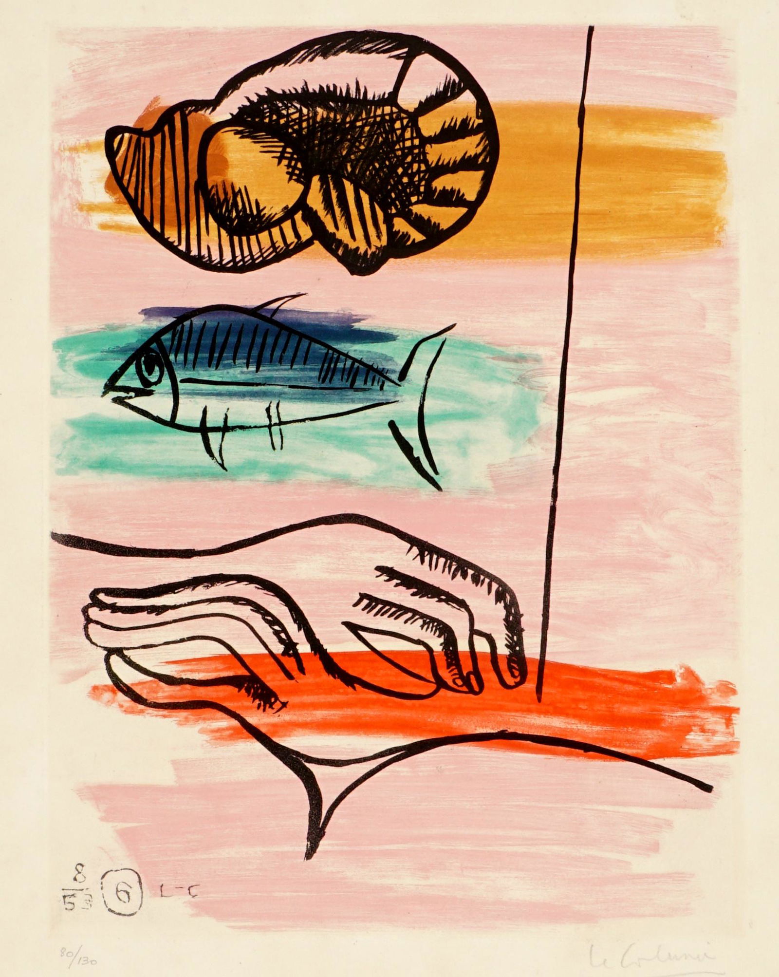 Le Corbusier Unite 6 Etching Aquatint: LE CORBUSIER (JEANNERET, Charles-Edouard, French/Swiss, 1887-1965): "Unite #6", Color Etching/Aquatint on paper, pencil singed lower right, numbered 80/130 lower left, plate size 16.5" x 12.5", page s
