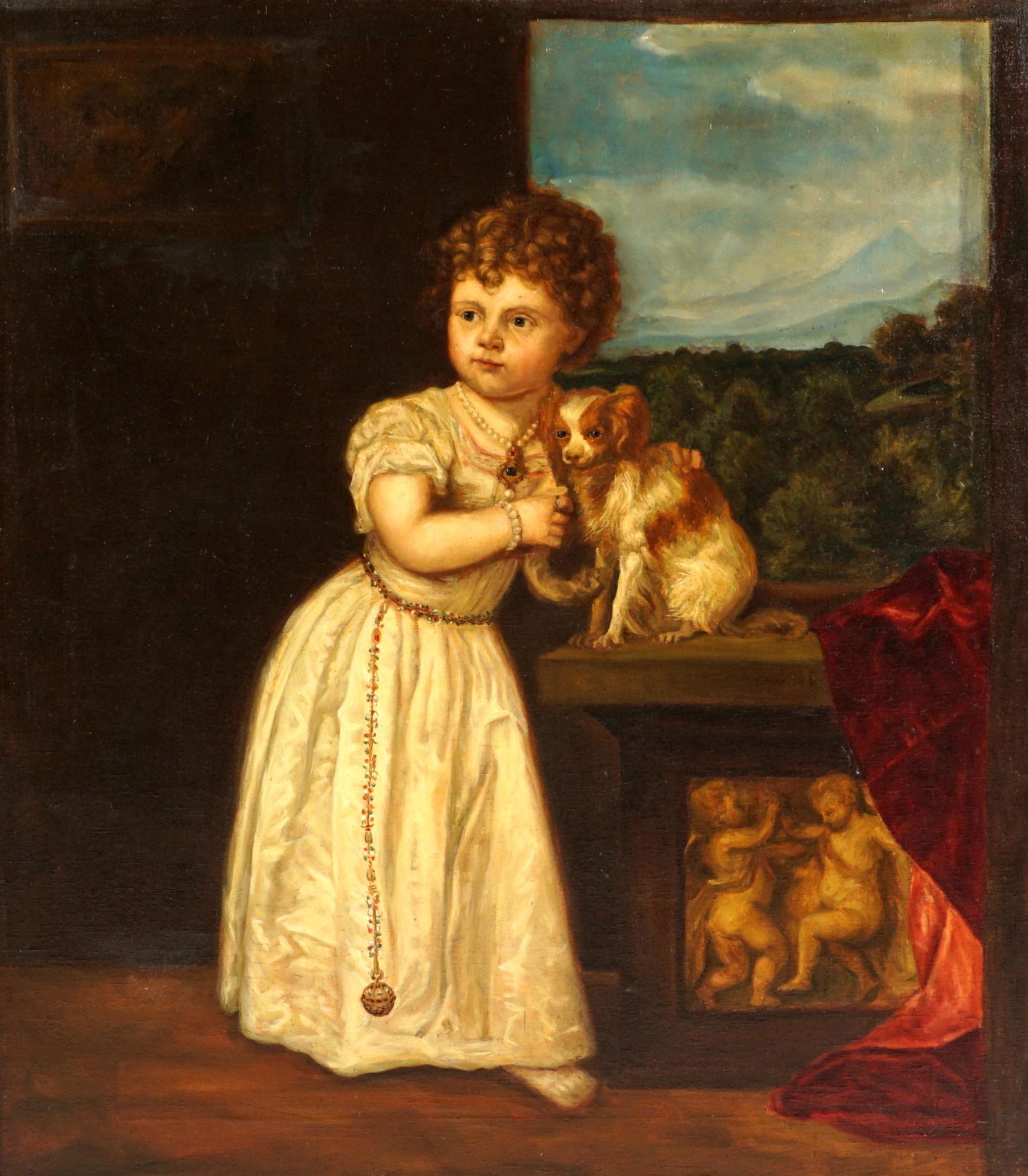 After Titian Portrait of Clarissa Strozzi: After TITIAN, (Italian, 1488-1576): Portrait of Clarissa Strozzi feeding her small dog a pretzel, Oil/Canvas, signature on table edge, 47.5" x 42", framed 54.75" x 49.25". Condition: Scattered inpaint
