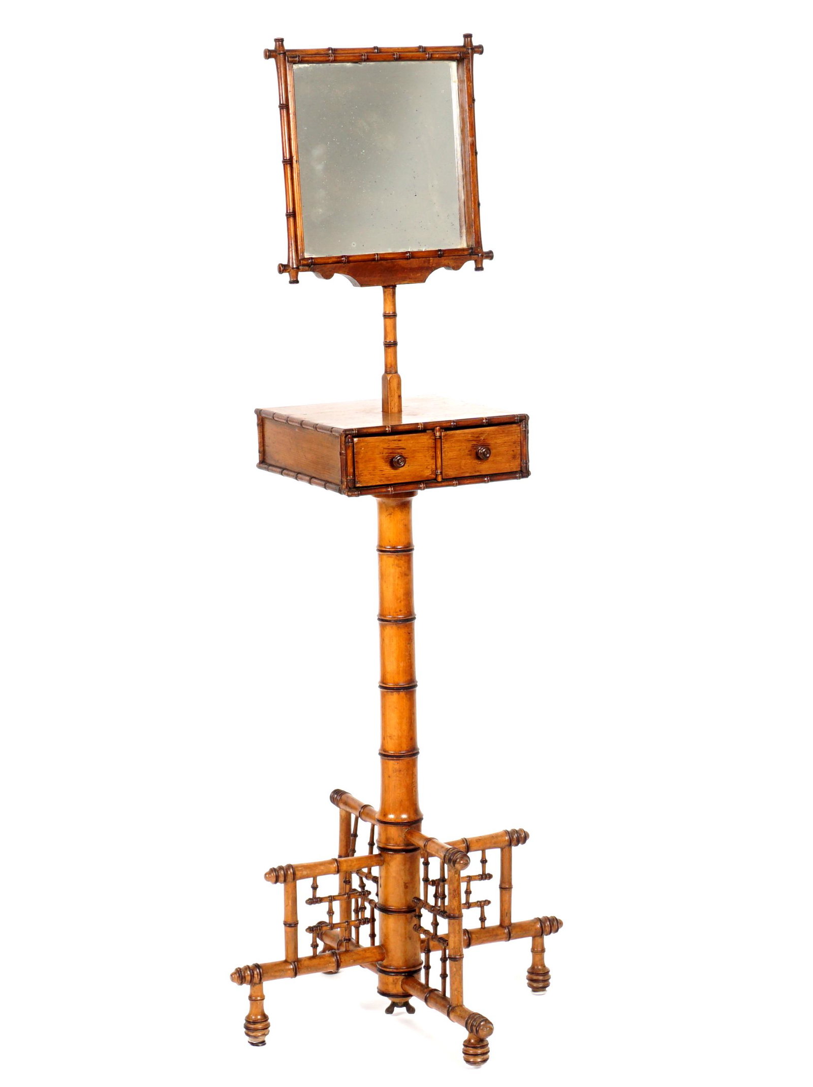 Aesthetic Movement Faux Bamboo Shaving Stand: Raised square mirror over two drawer stand, faux bamboo support, four intricate design feet, on ball feet. Overall 62.5" h. x 21" x 21". Condition: Wear consistent with age and use.