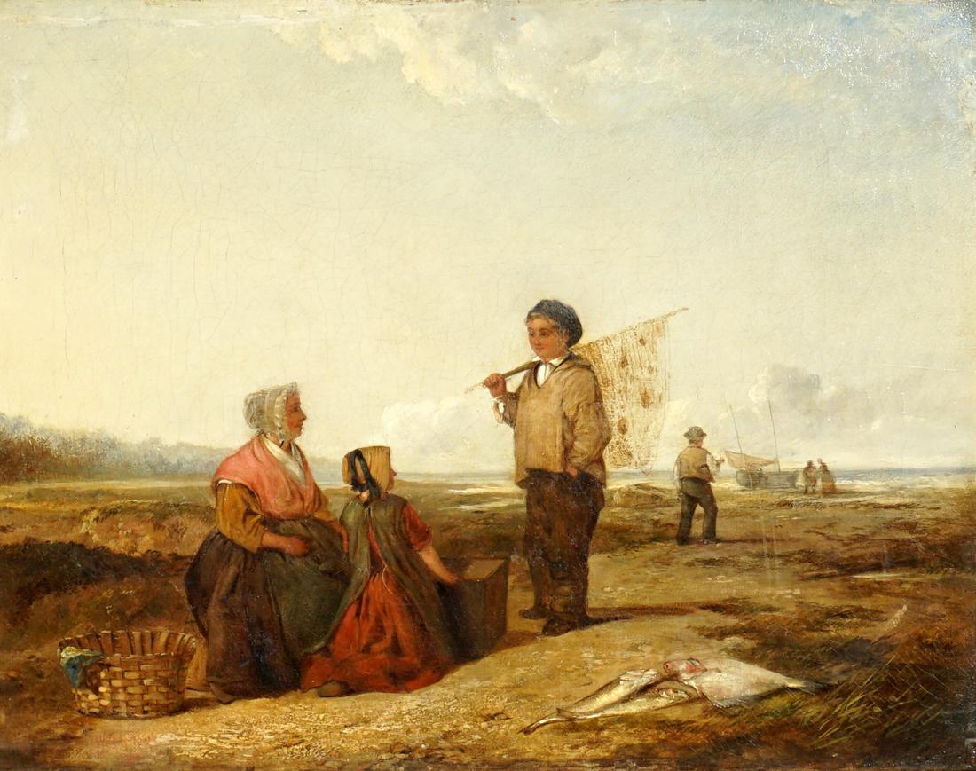 Attrib. William Collins Figures on Beach Painting: attributed COLLINS, William (British, 1788-1847): Seashore scene with fisherman returning with his catch and other figures, Oil/Canvas, signed lower left, 14.25" x 18.25", framed 23" x 26.75". Conditi
