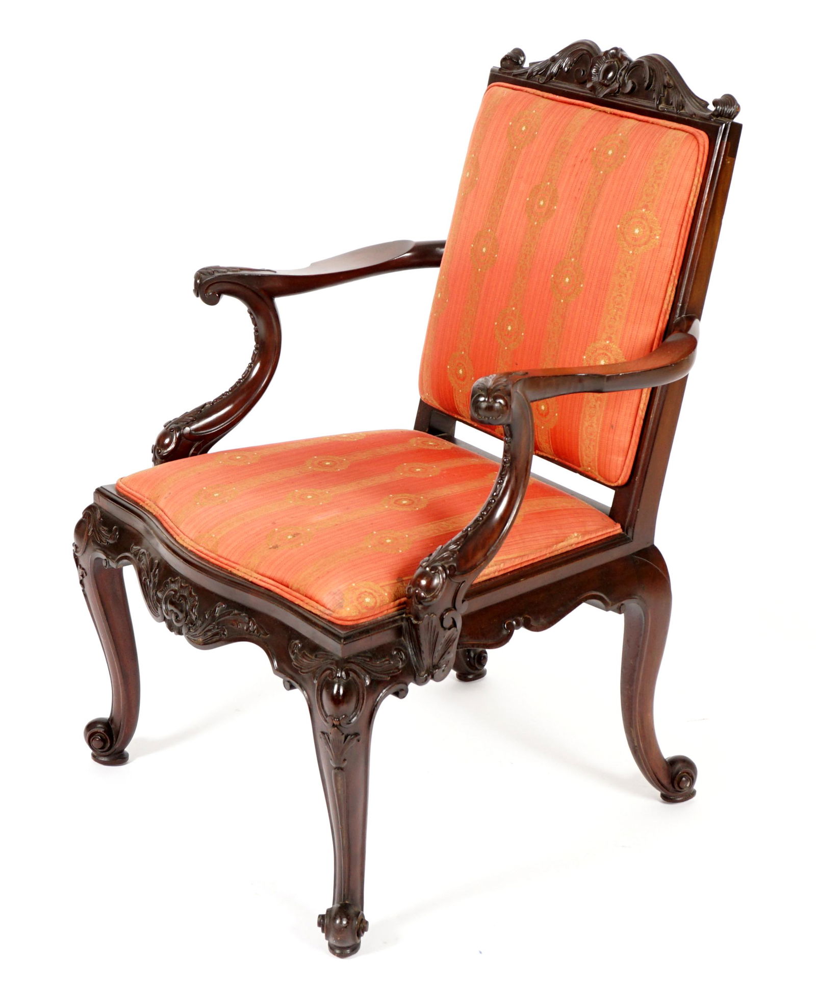 Signed Wallace Nutting Mahogany Carved Arm Chair: Foliate scroll top rail, carved and shaped arms and supports. Conforming skirt, medallions at knee joints, shaped legs ending in scroll feet. Marked under seat. Overall 38.5" h. x 26" x 26.5". Conditi