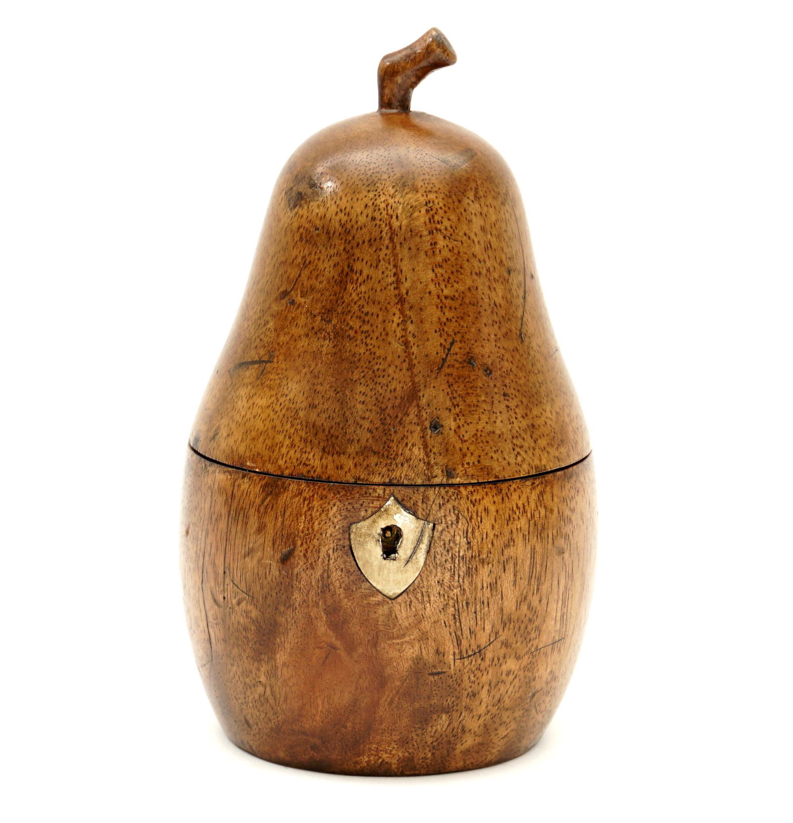 Georgian Style Wood Pear Tea Caddy: Carved pear form fruitwood tea caddy, silver gilt interior, overall 7.25" h. x 4.25". Condition: Wear to silver gilt.