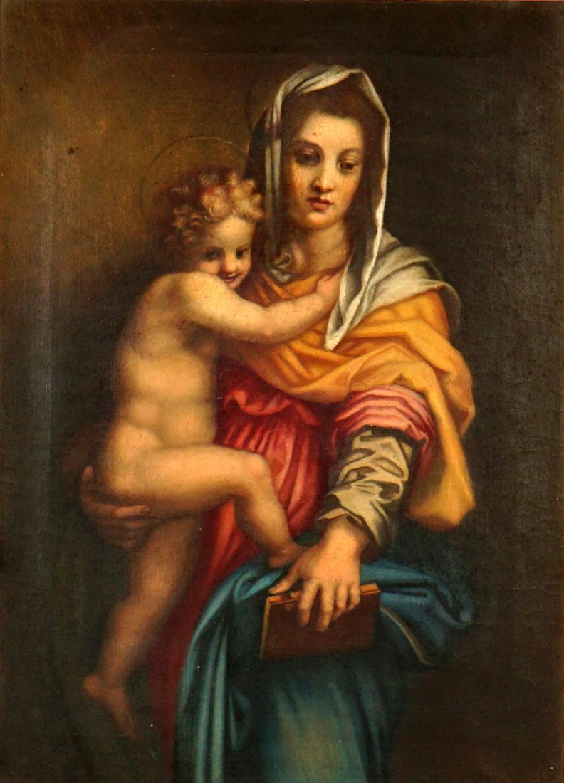Late 19th Century Portrait of Madonna & Child: Italian school portrait of the Madonna and Child, Oil/Canvas, no visible signature, 17.75" x 13", ornate Venetian gilt frame 30" x 20.75" x 4.25". Condition: Scattered inpaint, minor craquelure.