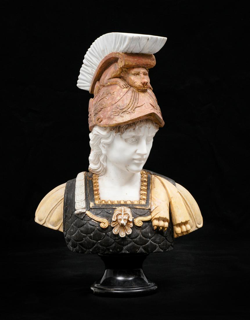 Carved Marble Bust of Roman Soldier with Helmet: Figural bust of Roman soldier with elaborate helmet, fish scale breast plate with lion masqueron, black marble plinth. Overall 35.5" h. x 23" x 13".