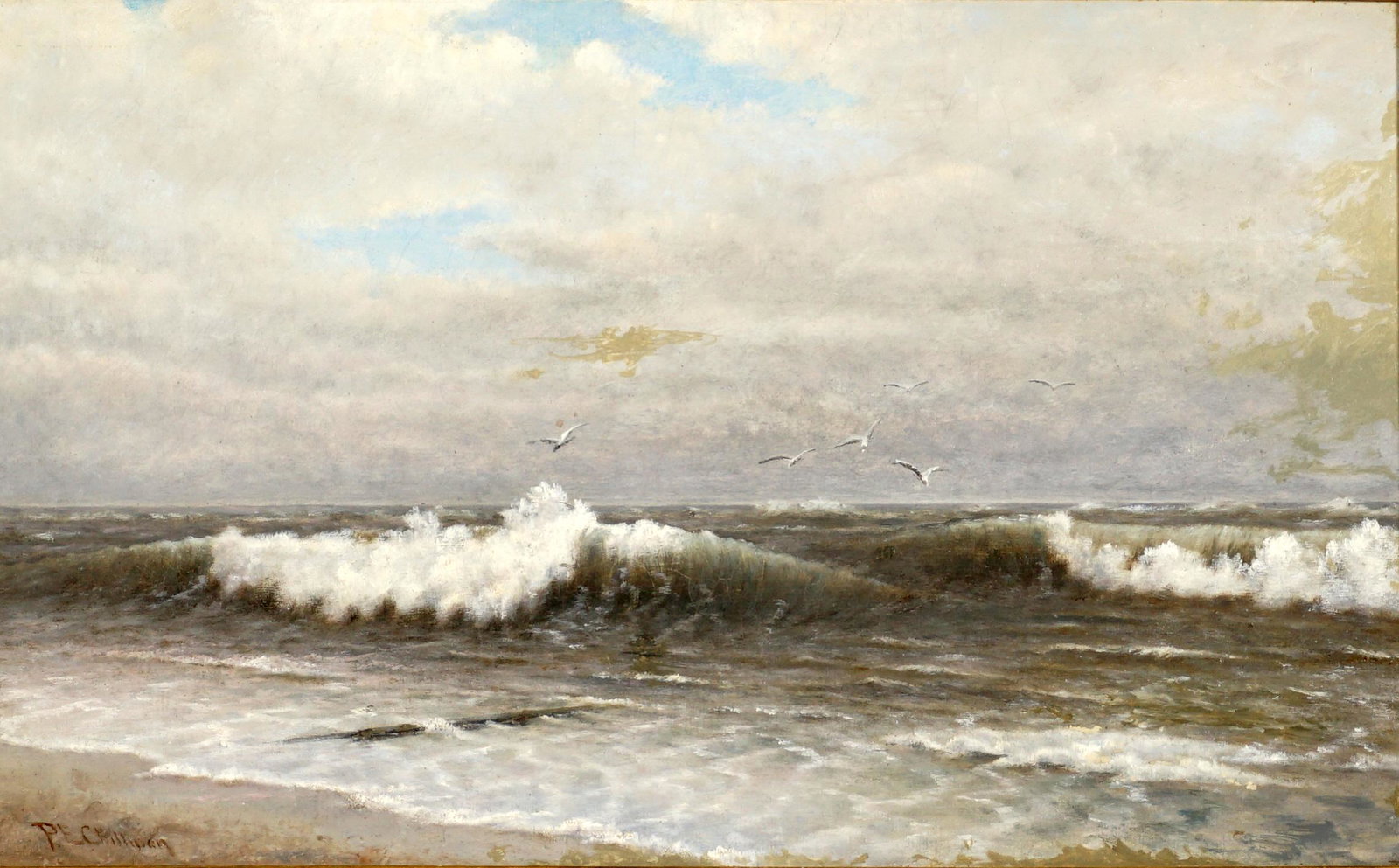 Philip Edward Chillman Coastal Surf Oil Painting: CHILLMAN, Philip Edward, (American, 1841-1915): Coastal surf with crashing waves and seagulls, Oil/Canvas, signed lower left, 16" x 26", framed 26" x 36". Condition: Craquelure, inpaint, relined. Chip