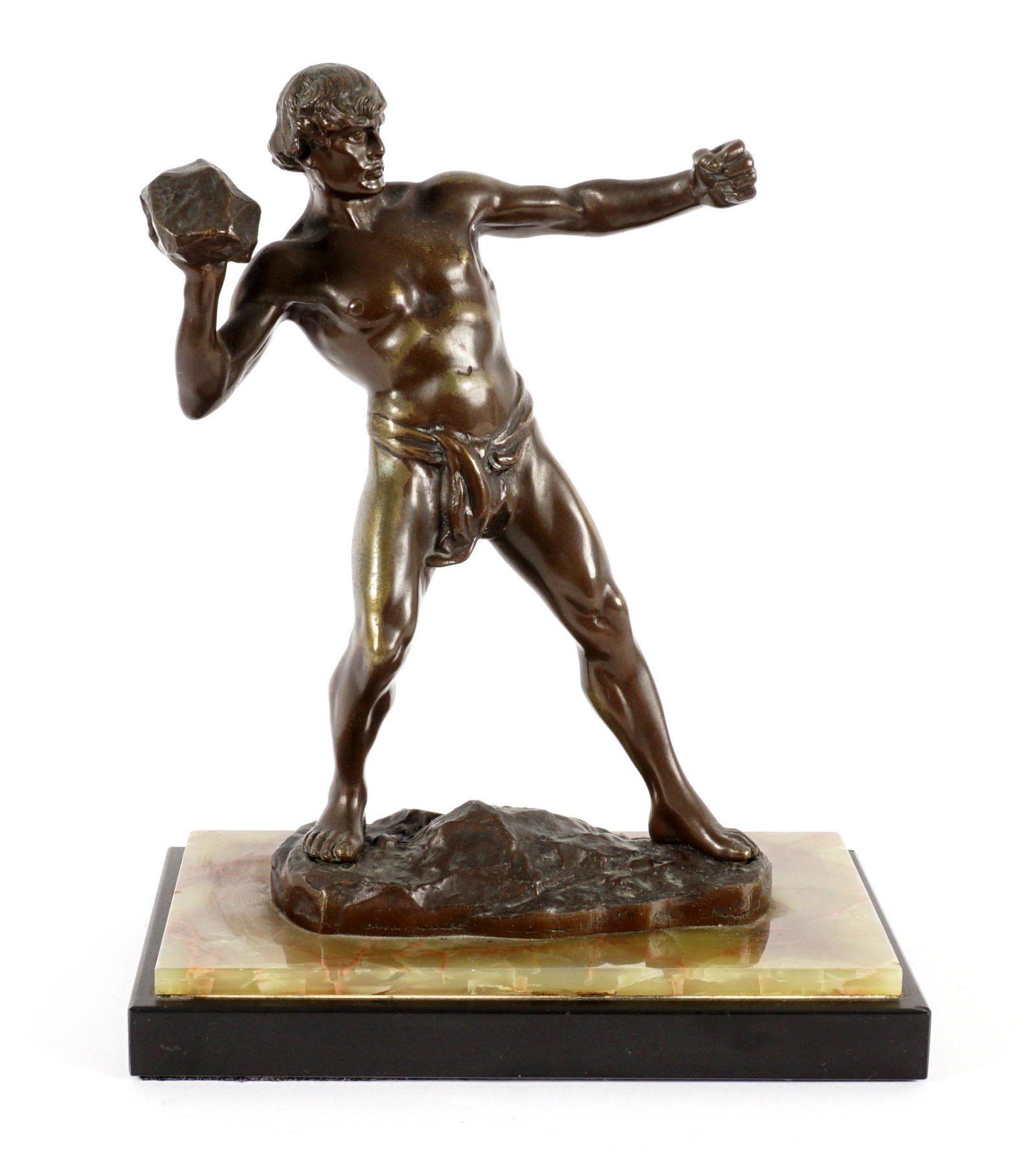 Neoclassical Olympic Shot Put Athlete Bronze: Neoclassical semi nude figure of a male shot put athlete, no visible signature, affixed to onyx and slate plinth, overall 10.75" h .x 8.5" x 5.5". Condition: Minor chips to plinth.