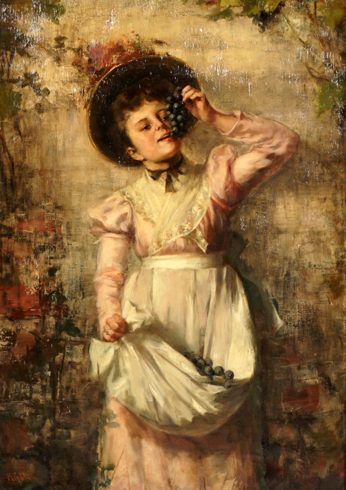 Maria R. Dixon Portrait of Girl Eating Grapes: DIXON, Maria R., (American, 19th Century): Full length portrait of a girl with hat eating grapes from her apron, Oil/Canvas, signed lower right, 35" x 25", framed 44" x 34". Condition: Scattered inpai