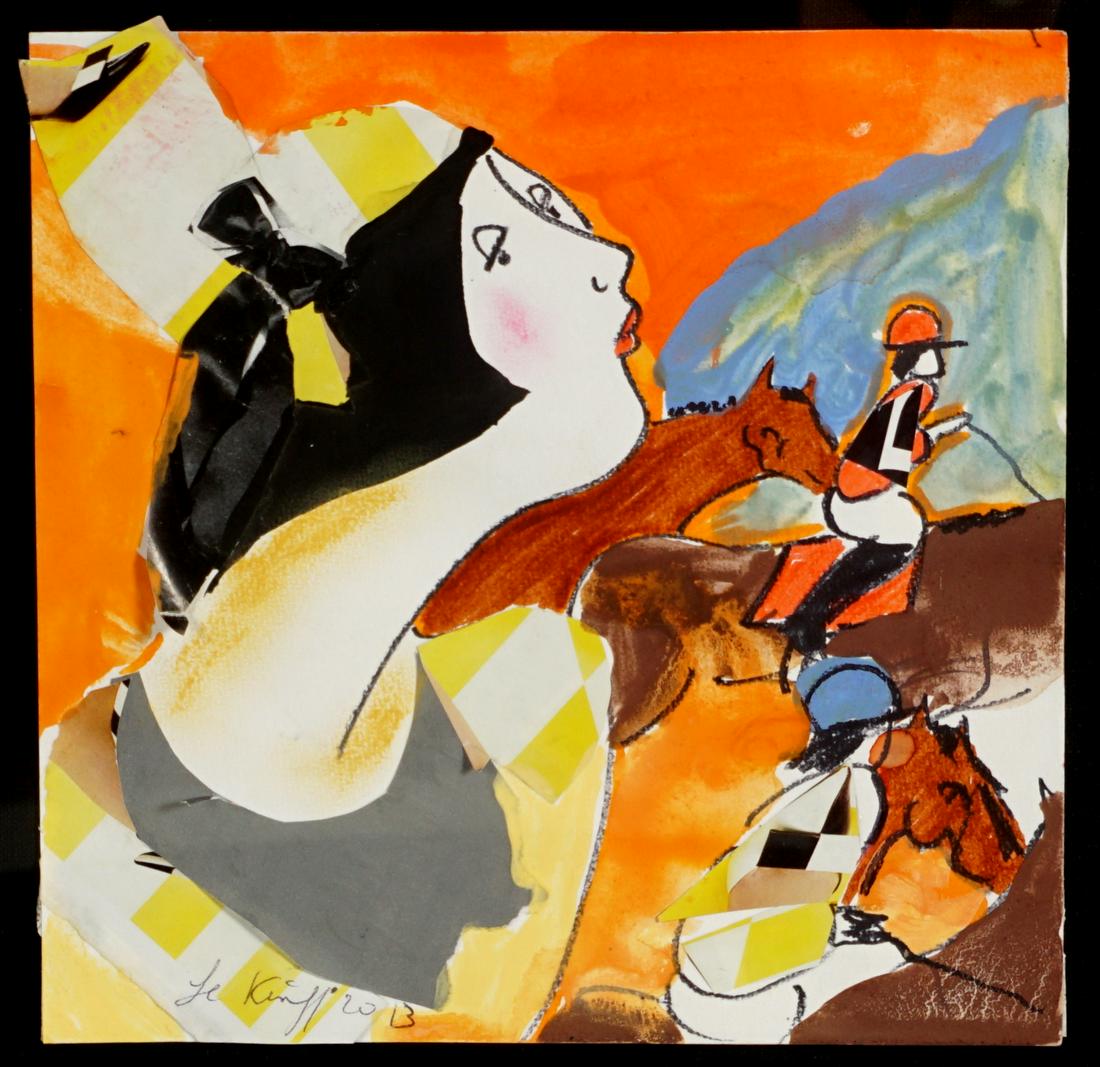 Linda Le Kinff Valeriane Jean Original Mixed Media: LE KINFF, Linda, (French, 20th Century): "Valeriane Jean", Mixed Media with Collage on Paper, signed and dated lower left, titled verso, 8.25" x 8.5", framed 20.5" x 20.5". Sold with COA and appraisal