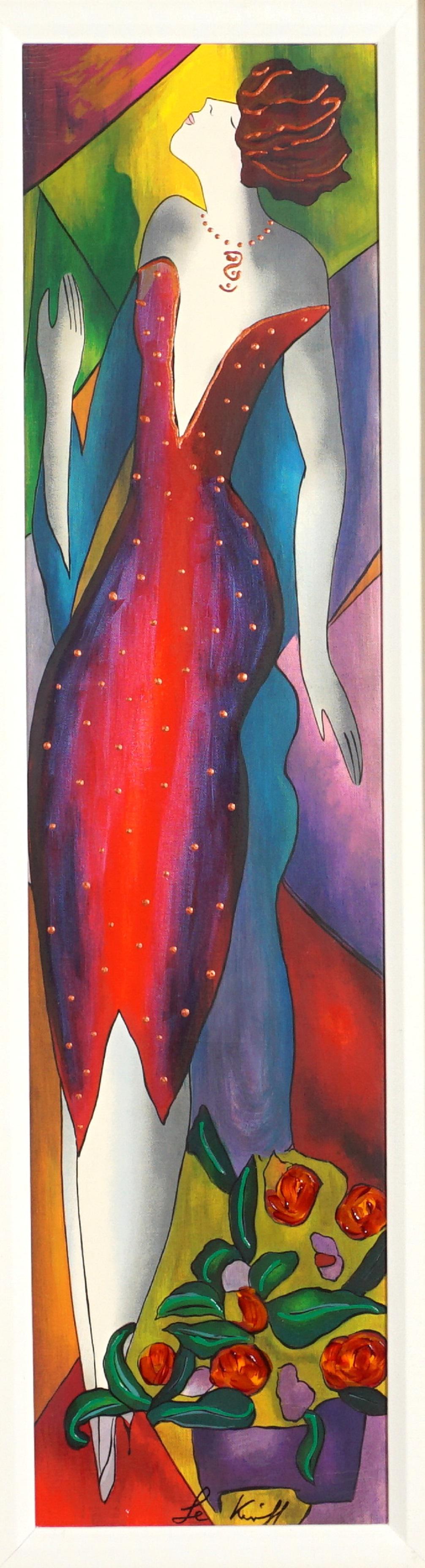 Linda Le Kinff Karina V Embellished Serigraph: LE KINFF, Linda, (French, 20th century): "Karina V", Embellished Serigraph on Canvas, signed lower center, numbered 22/43 verso under label, 37.5" x 9.25", framed 48" x 20". Sold with copy of COA.