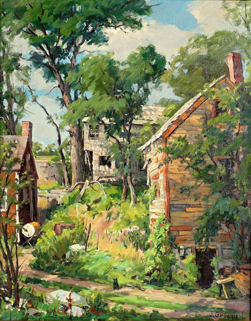 Jacob Greenleaf Abandoned Cat Landscape: GREENLEAF, Jacob, (American, 1887-1968): "Abandoned Cat", landscape with cabins and black cat in forefront, Oil/Canvas, signed lower right, original gallery label verso, 20" x 16", framed 24 "x 20".