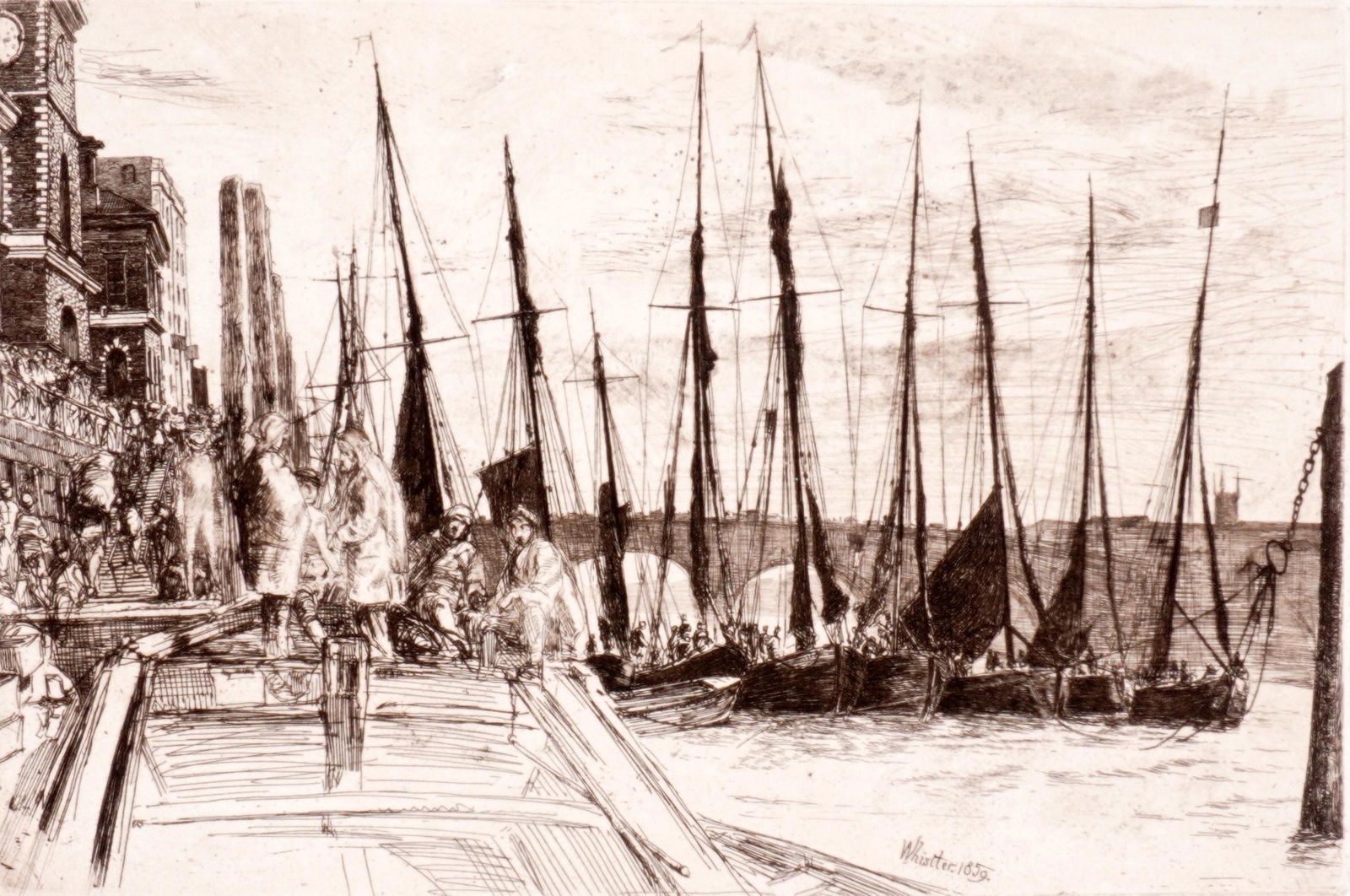 James Abbot McNeil Whistler Billingsgate Etching: WHISTLER, James Abbot McNeil, (American, 1834-1903): "Billingsgate", Etching/Paper, signed and dated 1859 in the plate, impression size 6" x 8 7/8", paper size 9 3/8" x 12 1/2". Condition: Pinpoint in