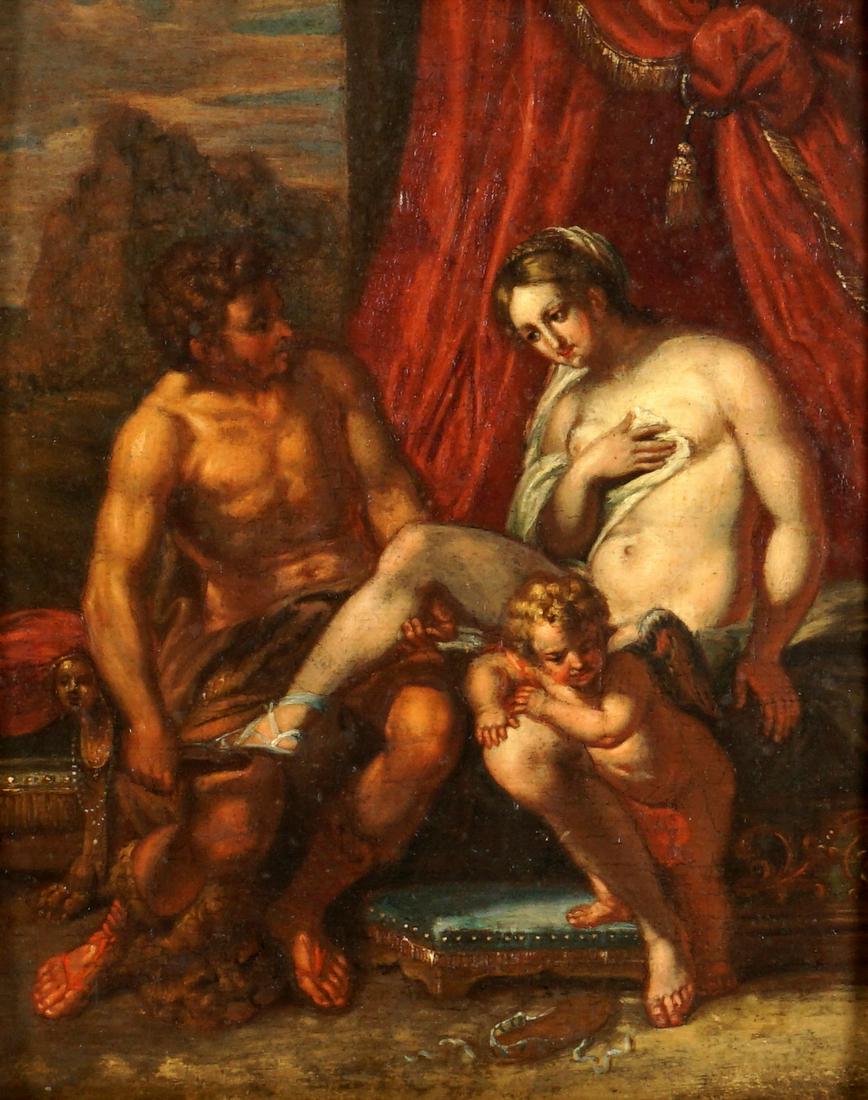 17th/18th C Italian School Interior Genre Painting: Old Master style depiction of man removing the sandals of a woman with cherub, Oil/Wood Panel, no visible signature, 12.75" x 9.75", framed 18" x 16". Condition: Scattered inpaint.