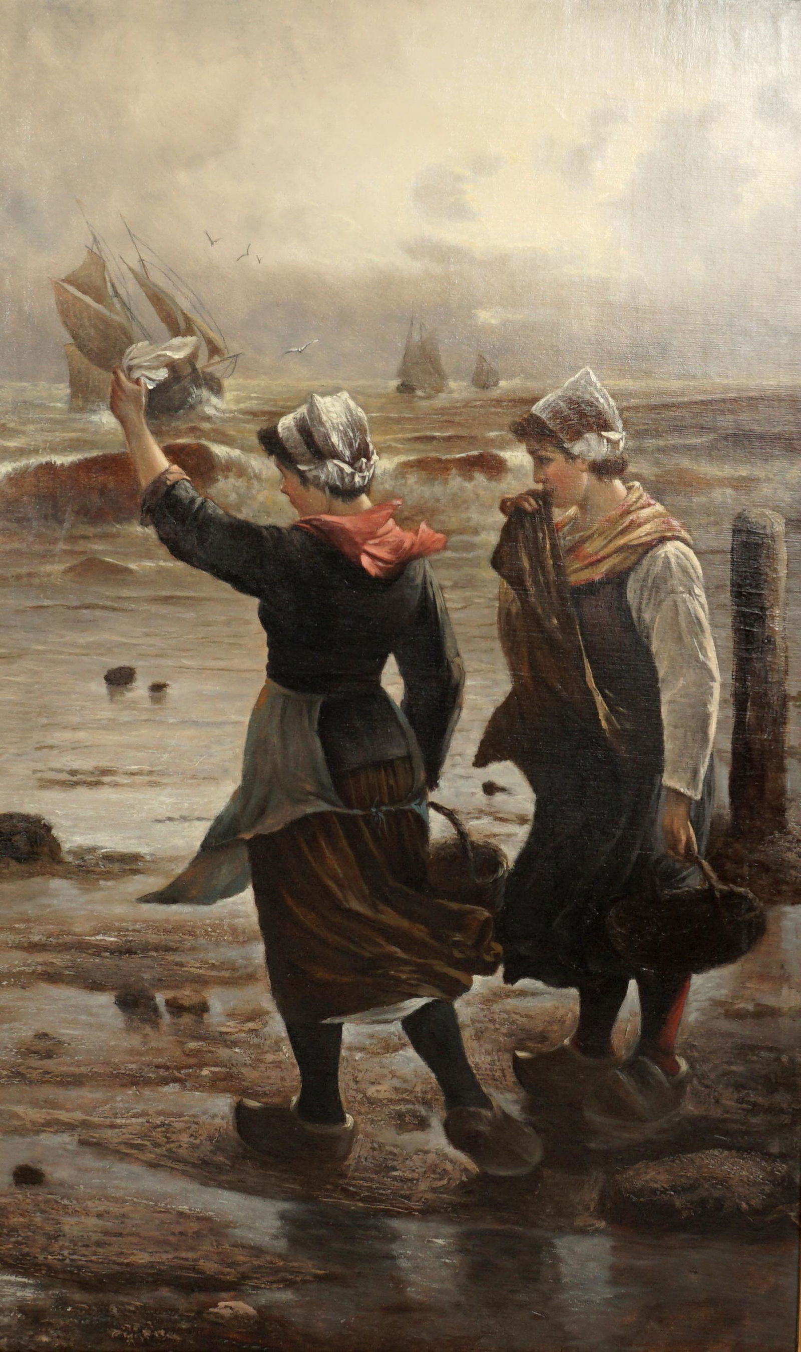 attr. Heinrich Gartner Greeting the Fleet Painting: attributed GARTNER, Heinrich, (German, 1828-1909): "Greeting the Fleet", two women on rocky coast, Oil/Canvas, no visible signature, 23.5" x 19.75", carved gilt wood frame with brass plaque, 46" x 33.