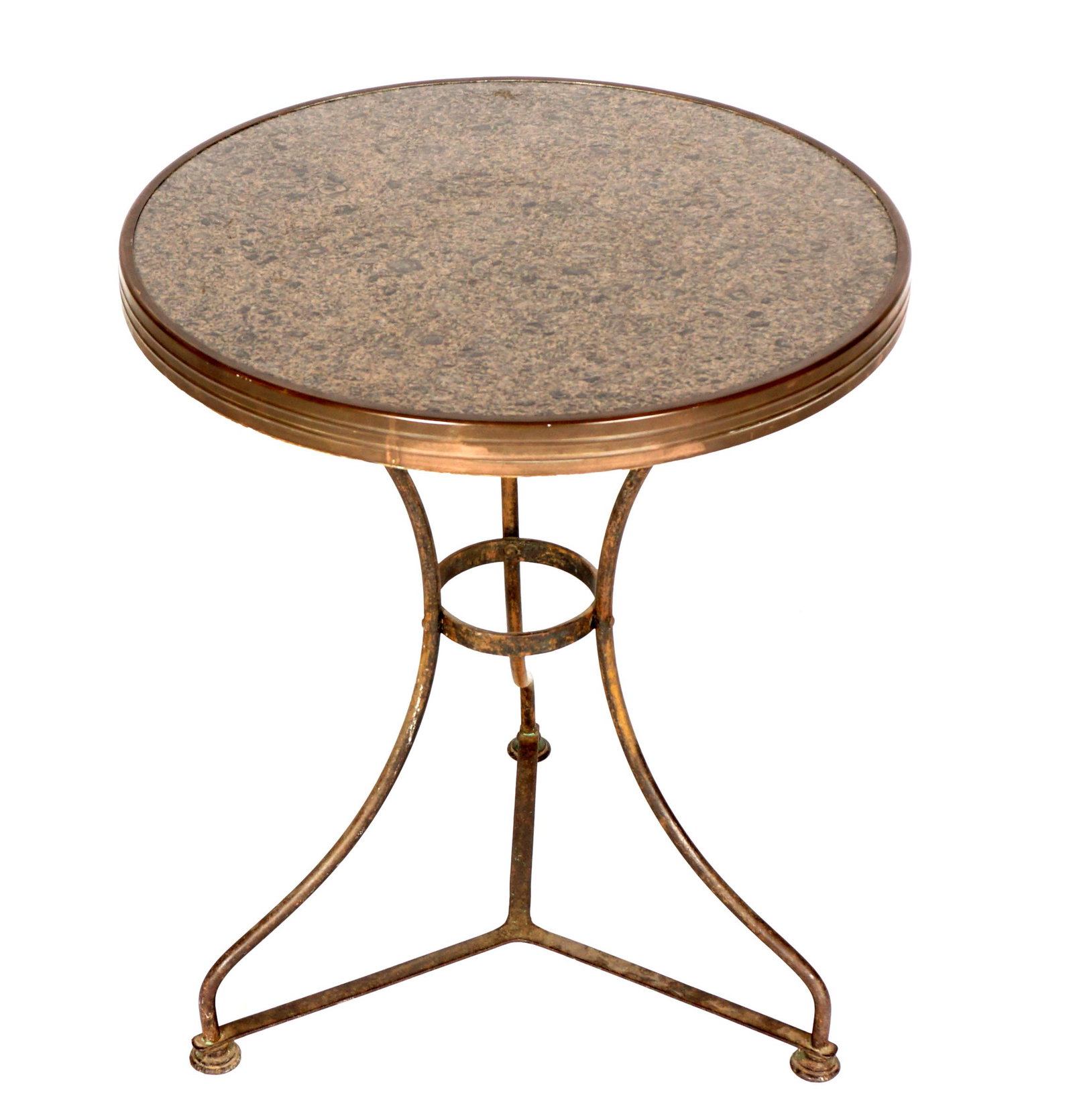 French Stone Top Bistro Table: Round polished stone top with patinated brass ring edges, wrought iron shaped legs and lower stretcher, 28.75" h. x 24" dia.