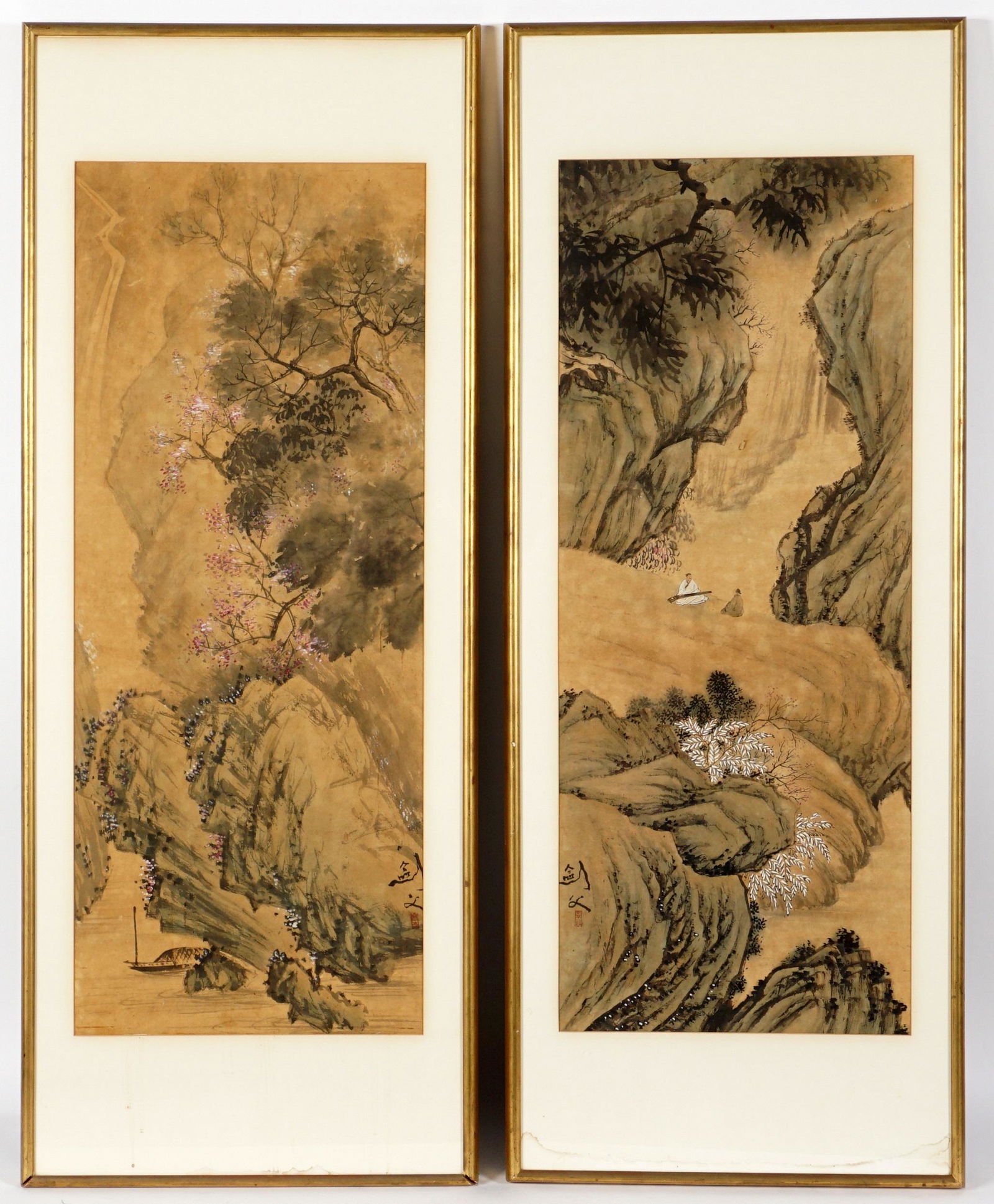 Pair Chinese Landscape Watercolors Ex-Christie's: Two pieces total, one with figures in a mountainous landscape, the other flowering tree above river with boat, each signed with same signature and red seal, one with Christie's auction tag verso. Sigh