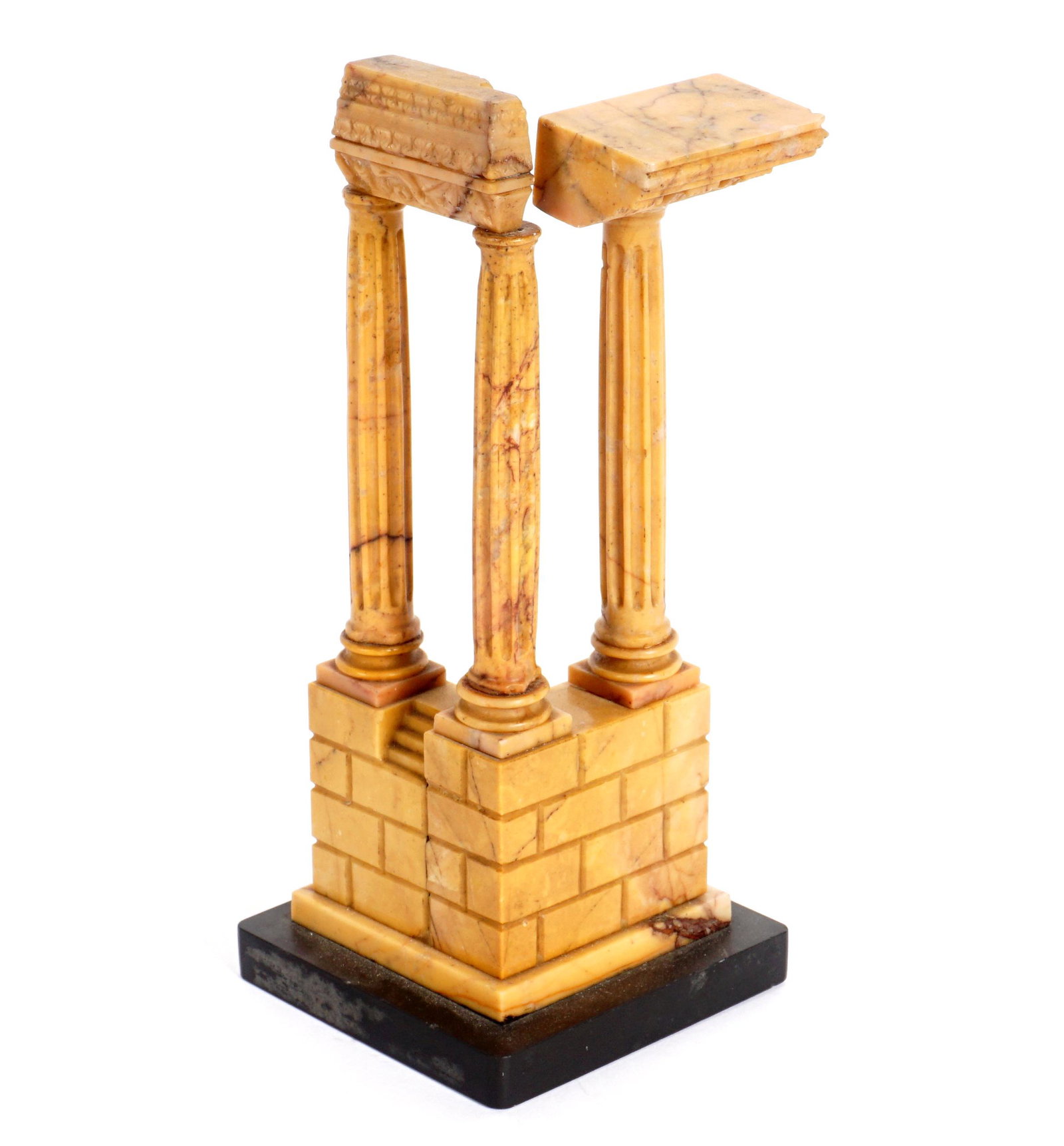 Grand Tour Marble Column Ruins Model: Small model of marble column temple ruins, affixed to black slate base, overall 8.25" h. x 3.5" x 3.5" base. Condition: Looseness and edge chip to top of single column.